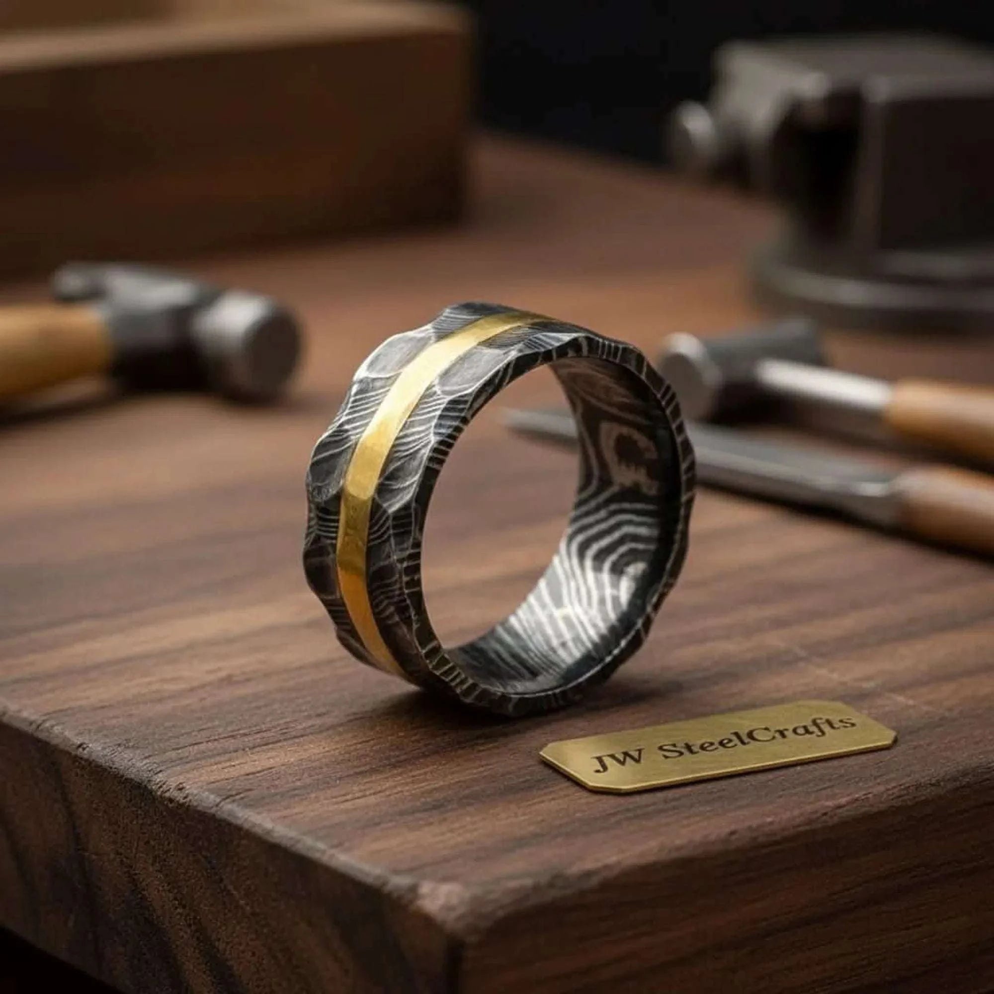 Palmarius Outdoors Hammered Damascus Gold Inlay Ring with Textured Surface Ring