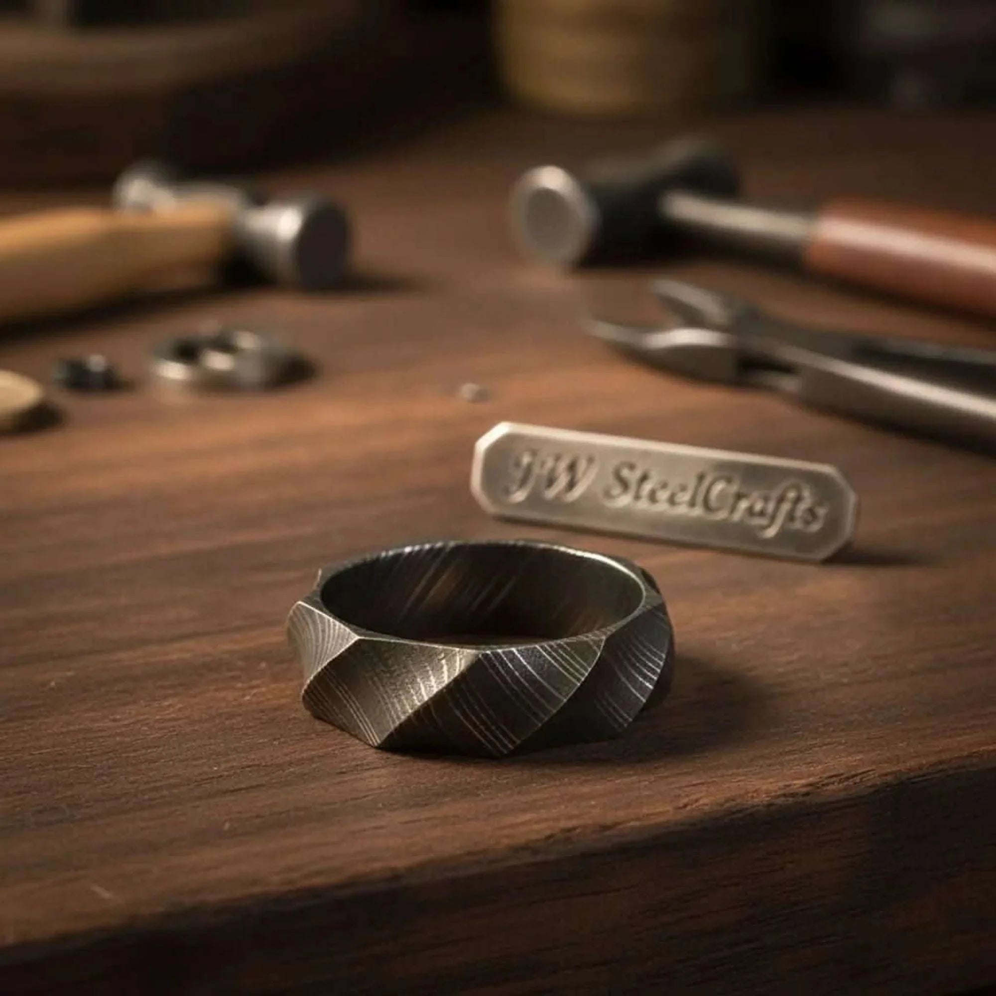 Palmarius Outdoors Mens Damascus Steel Faceted Wedding Band Handmade Geometric Ring Ring