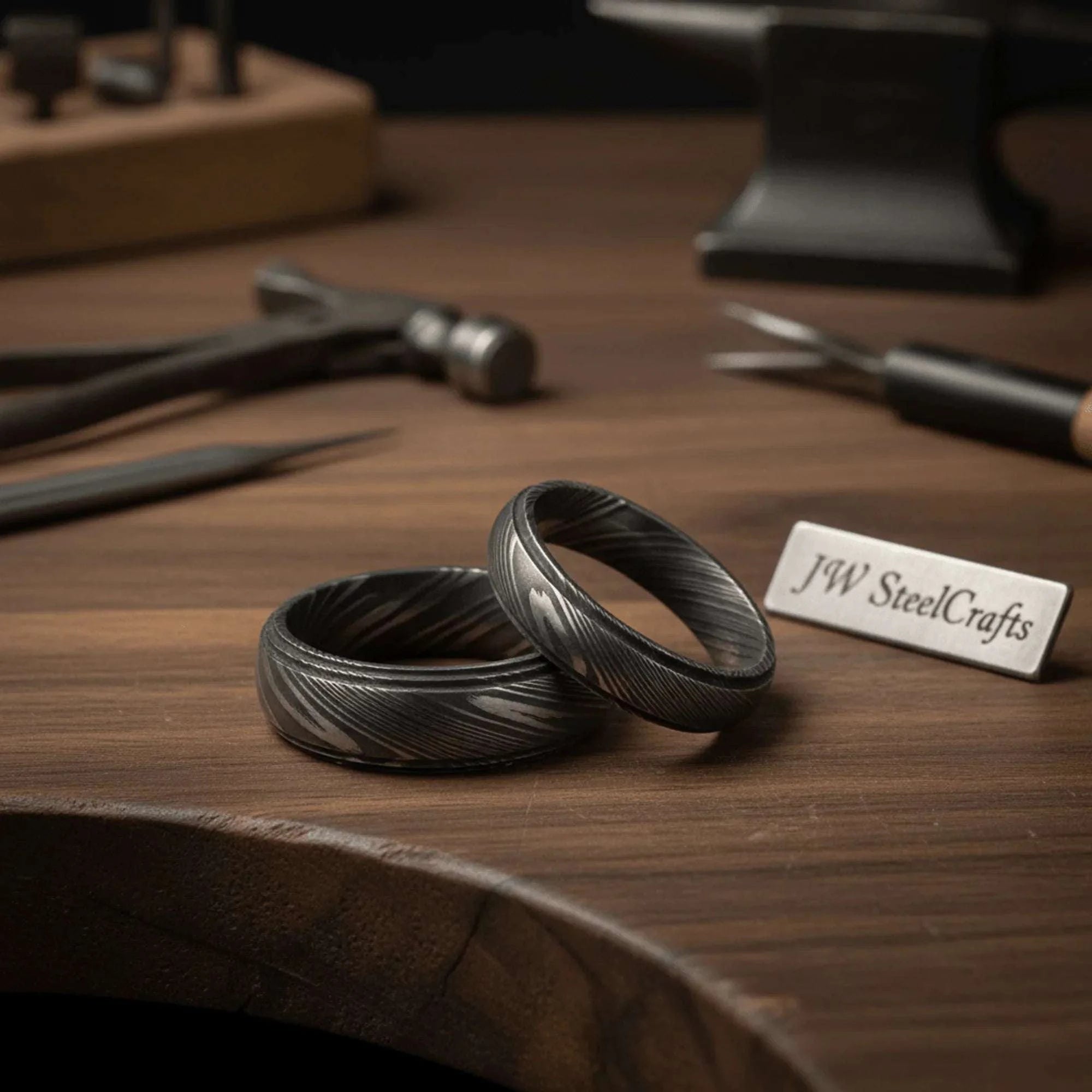 Palmarius Outdoors Damascus Steel Wedding Band Set with Wide and Slim Black Rings Ring