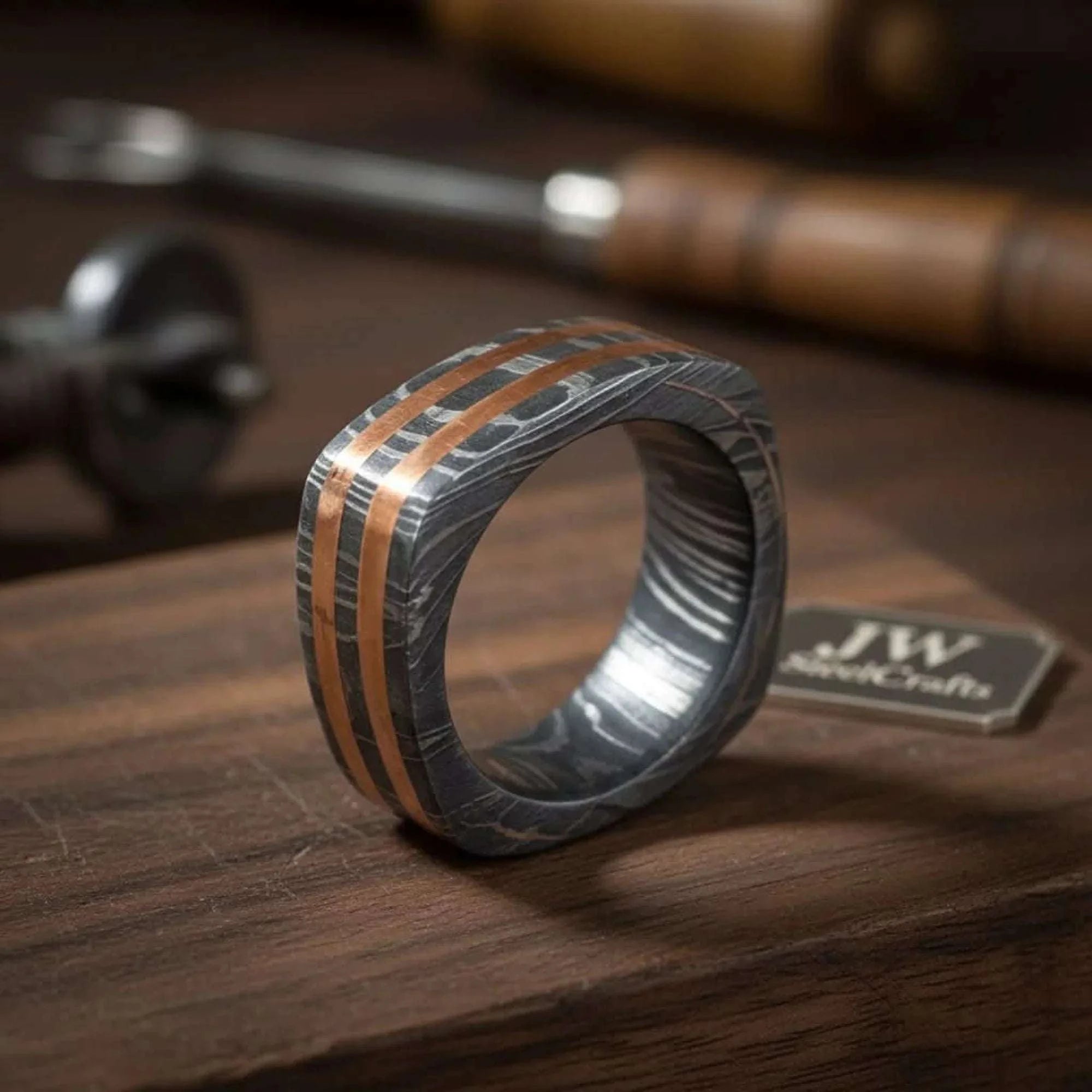 Palmarius Outdoors Square Damascus Copper Inlay Ring with Double Copper Lines Ring