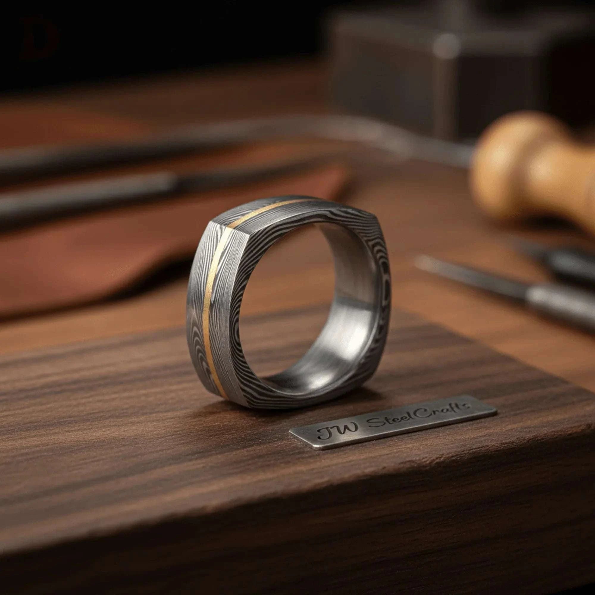 Palmarius Outdoors Square Damascus Gold Inlay Ring with Single Gold Line Ring