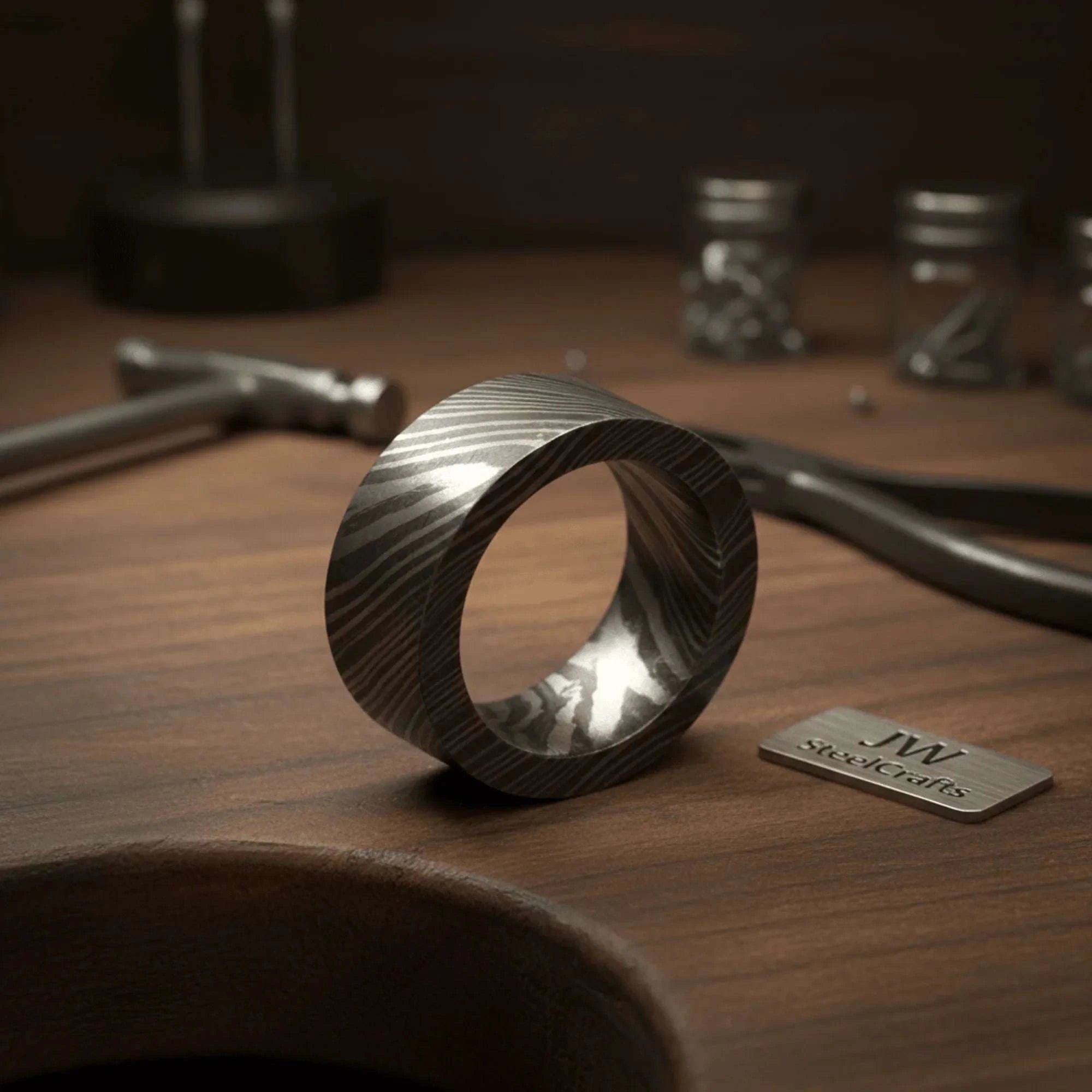 Palmarius Outdoors Flat Damascus Wedding Band with Wide Squared Edges Ring