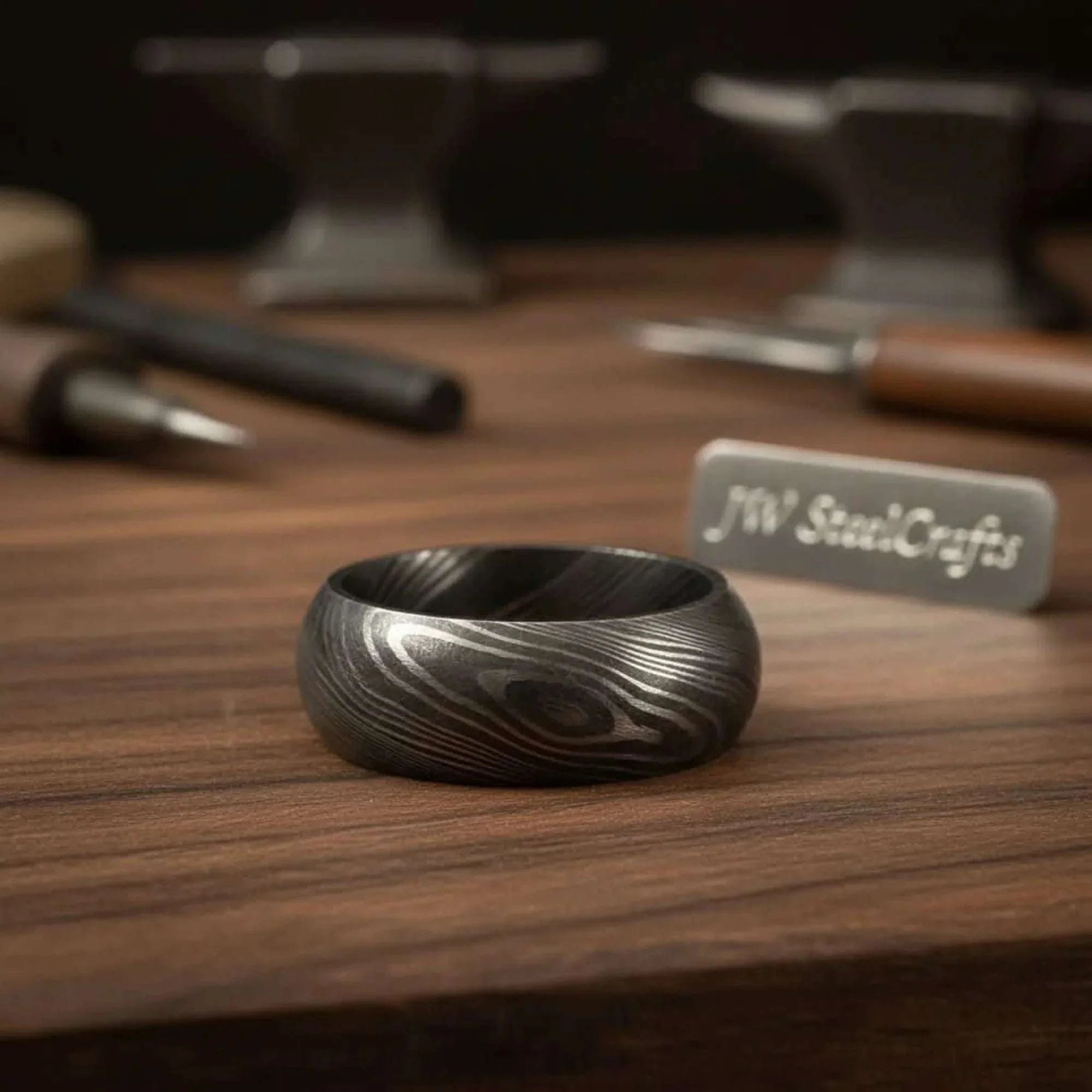 Palmarius Outdoors Domed Twist Damascus Wedding Band with Diagonal Spiral Pattern Ring