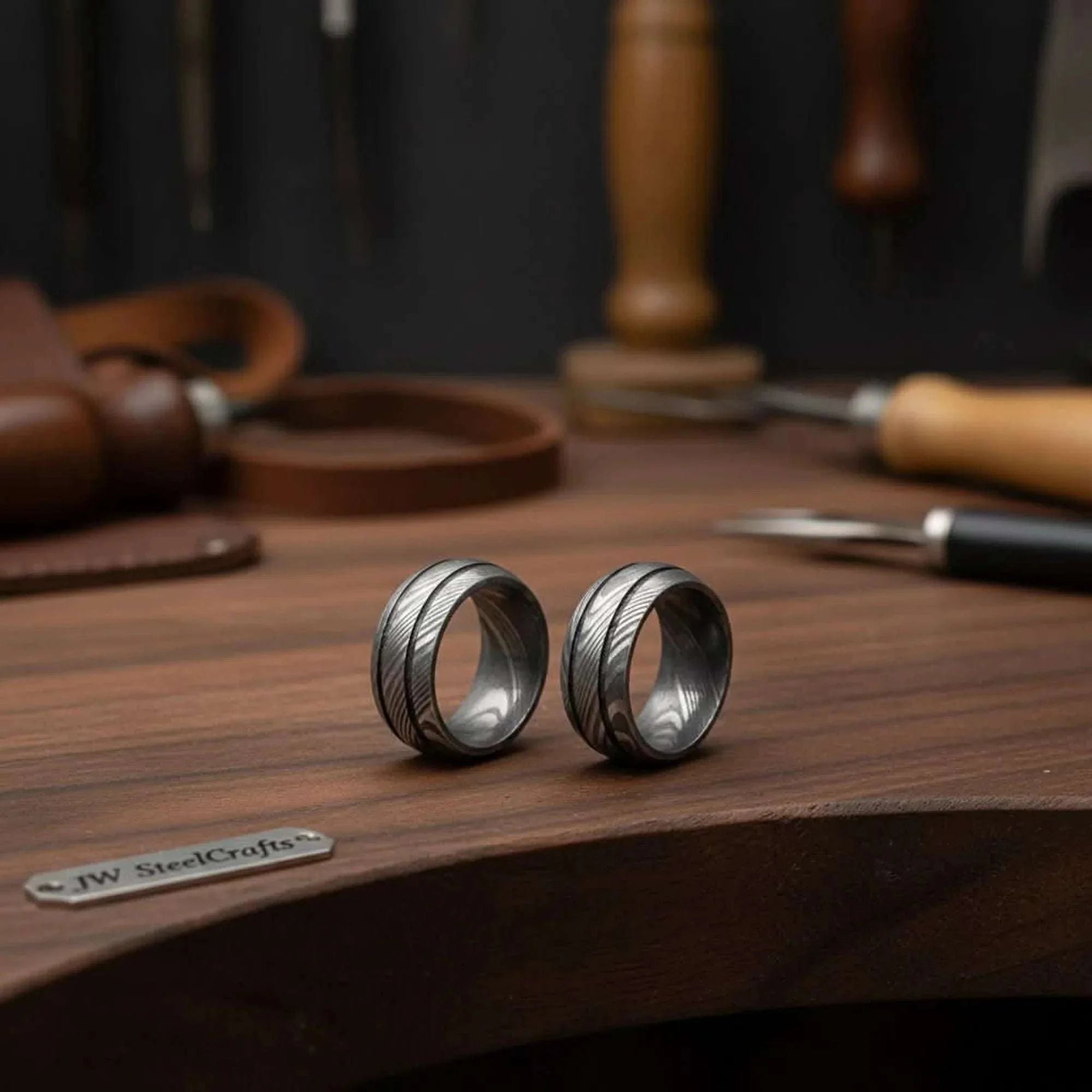 Palmarius Outdoors Damascus Grooved Band set with Twisted Pattern for Couples Ring