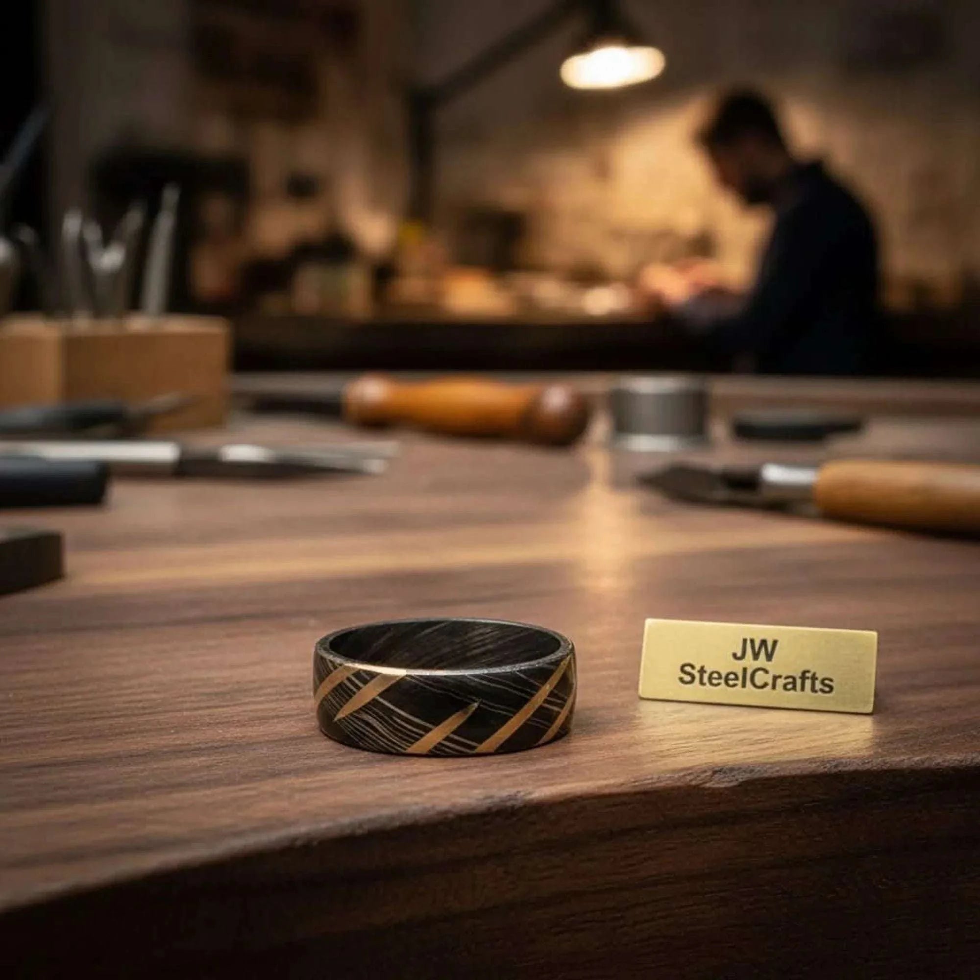 Palmarius Outdoors Black Damascus Gold Stripe Ring with Diagonal Multi-Stripe Inlay Ring