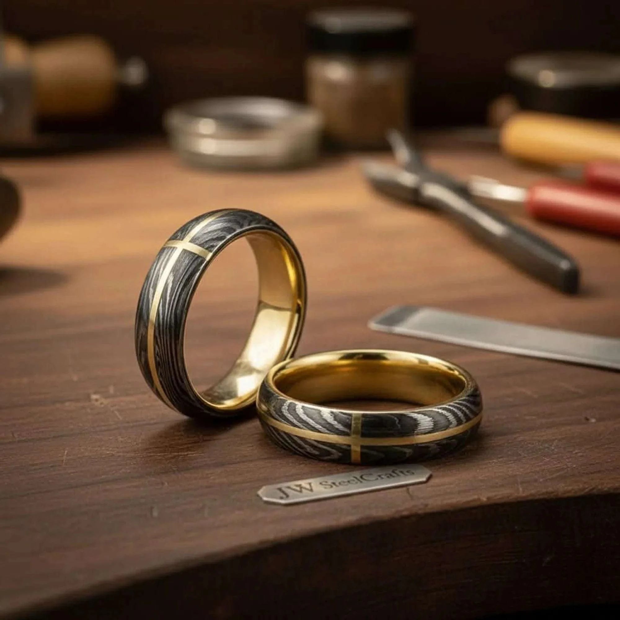 Palmarius Outdoors Damascus Gold Inlay Ring Set with Brass Cross Inlay Ring