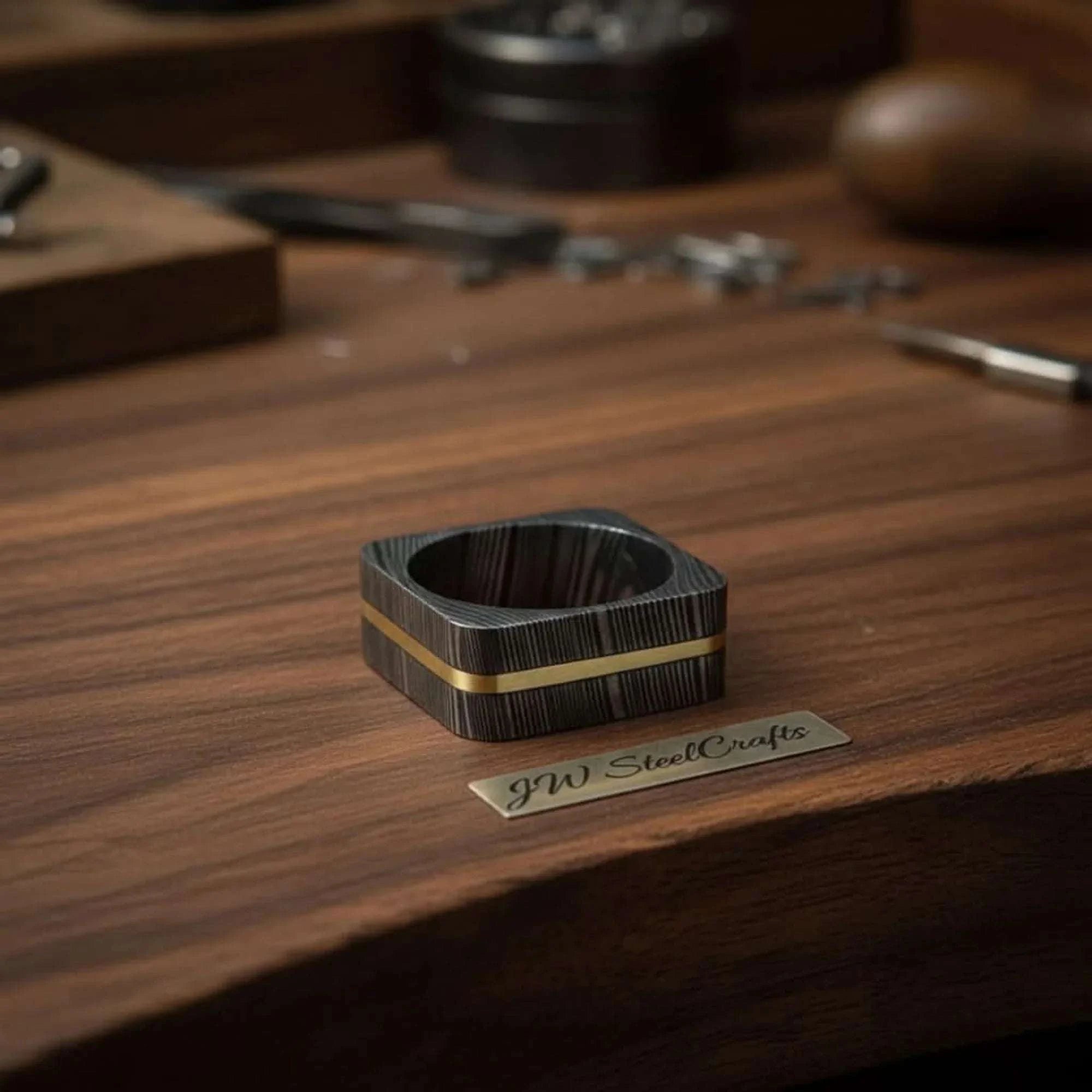 Palmarius Outdoors Square Damascus Steel Ring With Brass Inlay Handmade Mens Band Ring