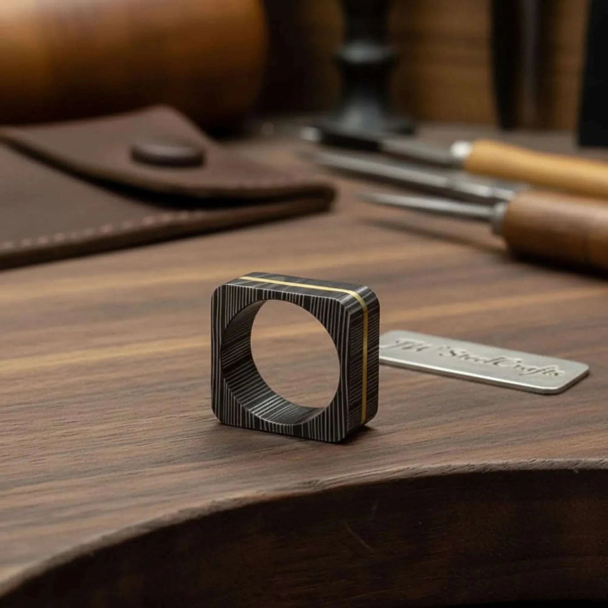 Palmarius Outdoors Square Damascus Steel Ring With Brass Inlay Handmade Mens Band Ring