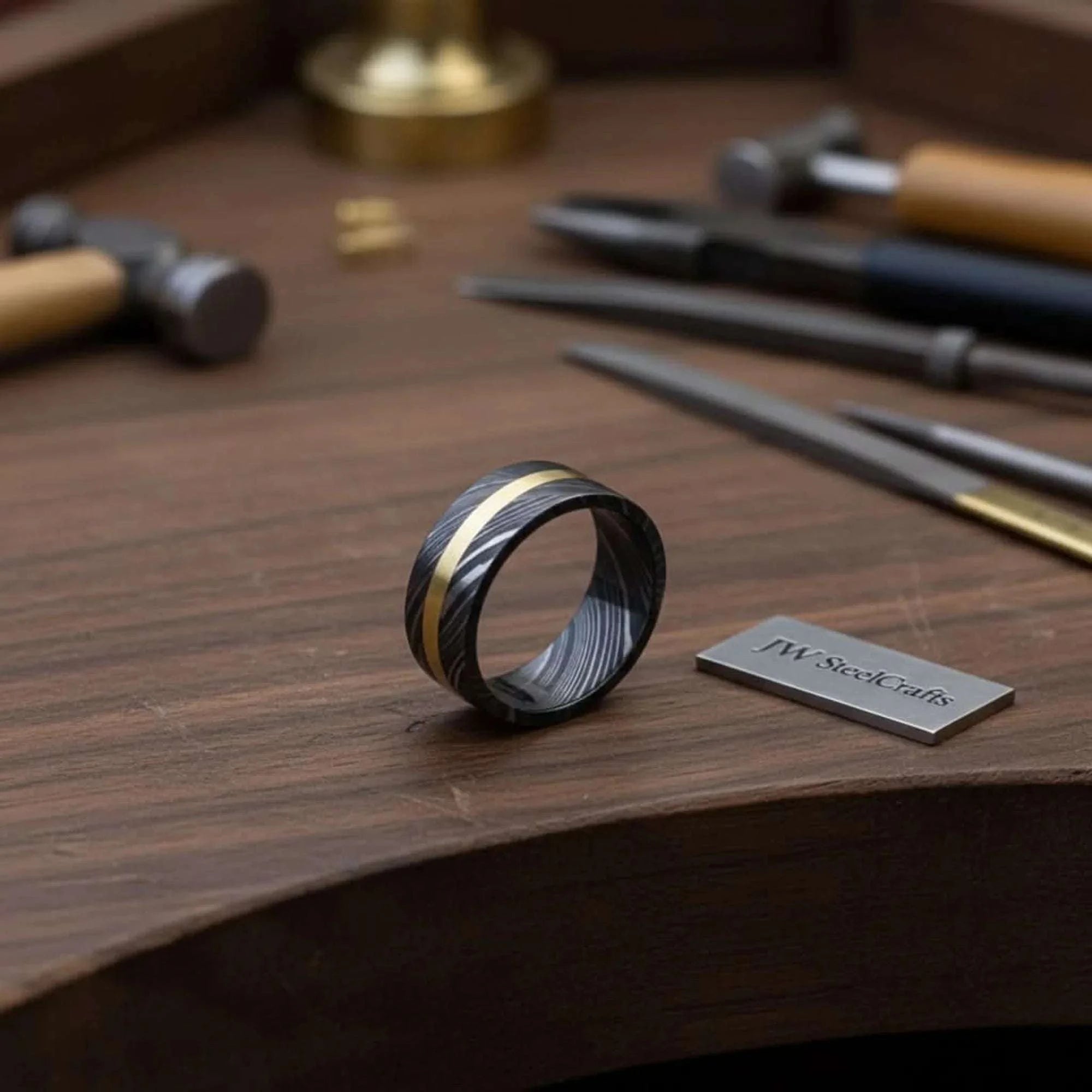Palmarius Outdoors Black Damascus Offset Gold Inlay Ring with Asymmetric Gold Line Ring