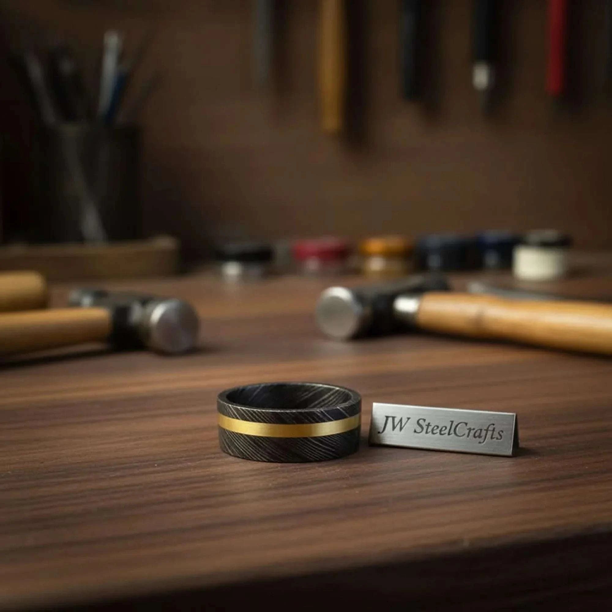 Palmarius Outdoors Black Damascus Offset Gold Inlay Ring with Asymmetric Gold Line Ring