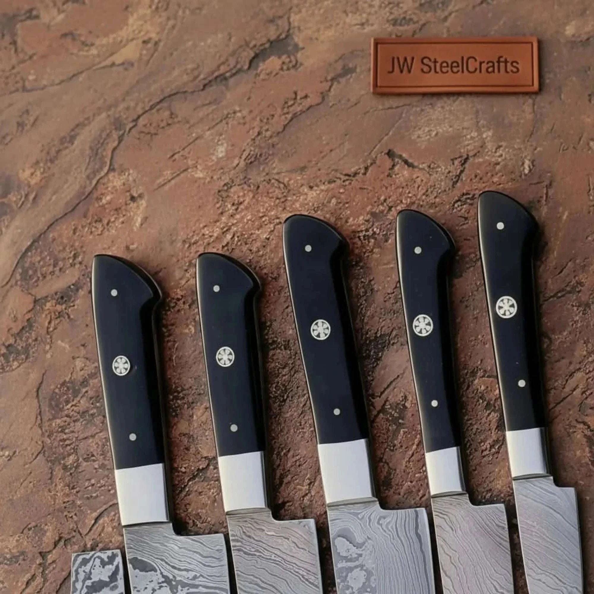 Palmarius Outdoors Forged 6-Piece Damascus Carving and Slicer Knife Set with Long Damascus Blades, Black Resin Handles Handmade Chef Knife Sets