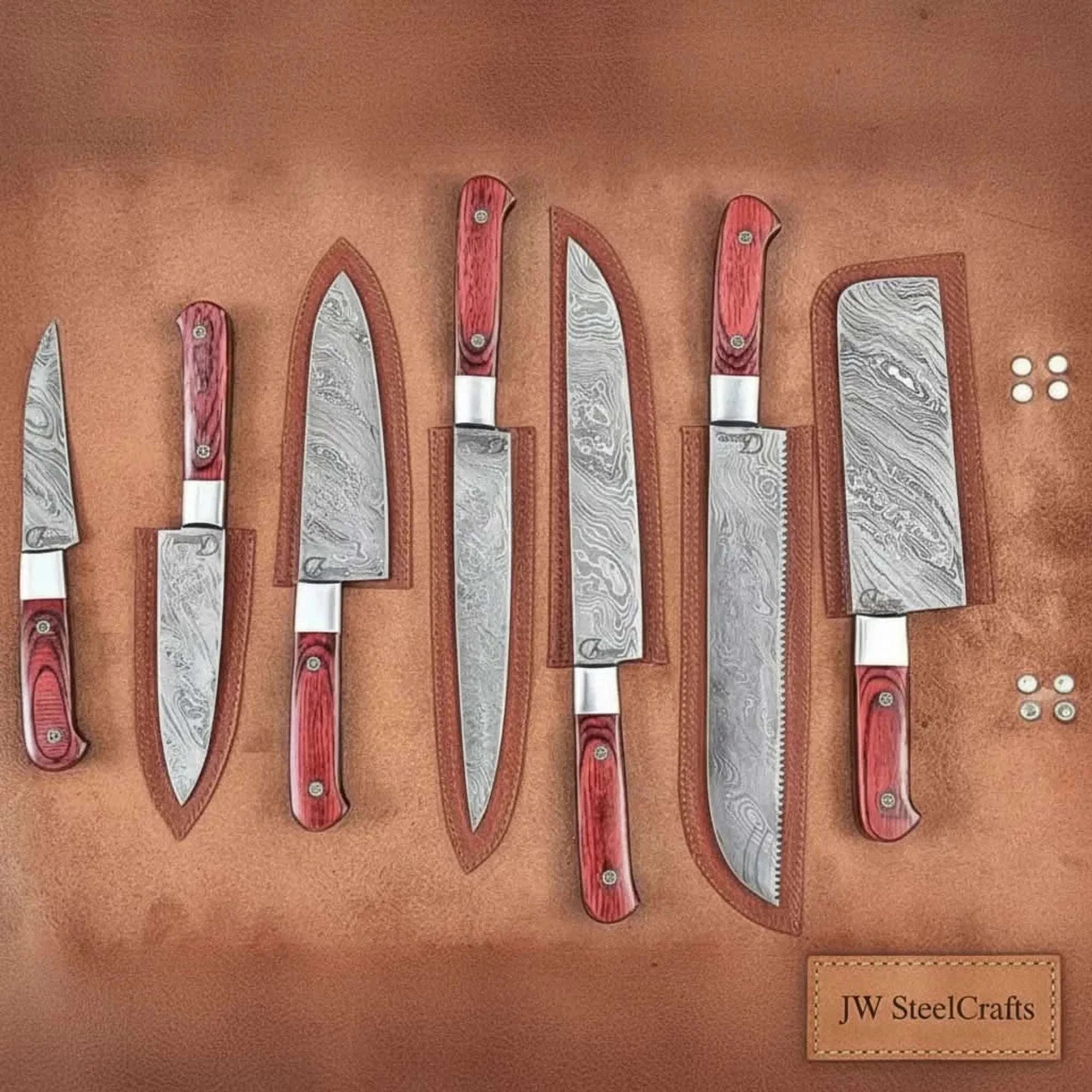 Palmarius Outdoors 7-Piece Damascus Kitchen Knife Set — Chef, Nakiri, Bread Knife and Cleaver, Red Pakka Wood Handles Handmade Chef Knife Sets