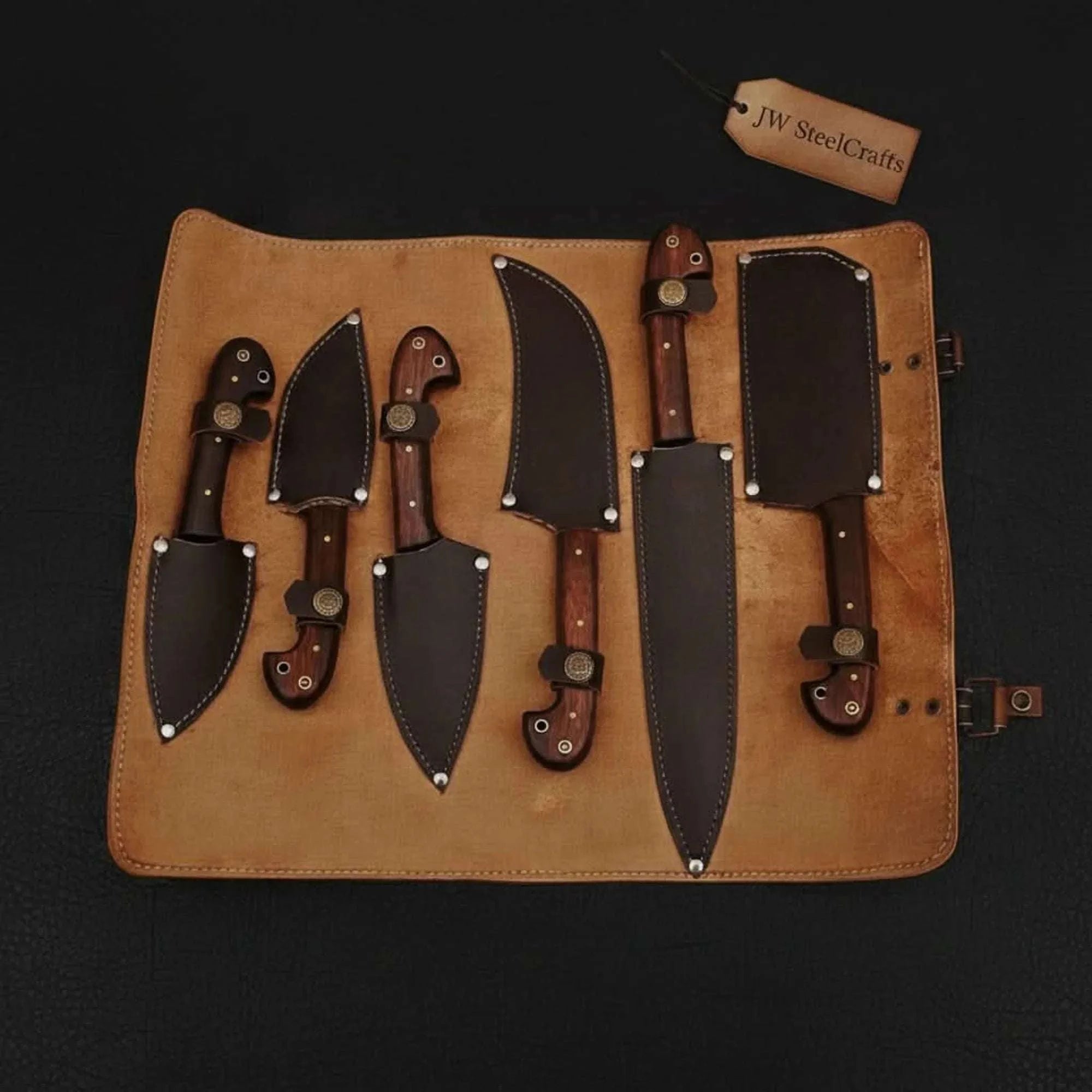 Palmarius Outdoors 6-Piece Damascus Knife Set with Leather Roll Nakiri Knife