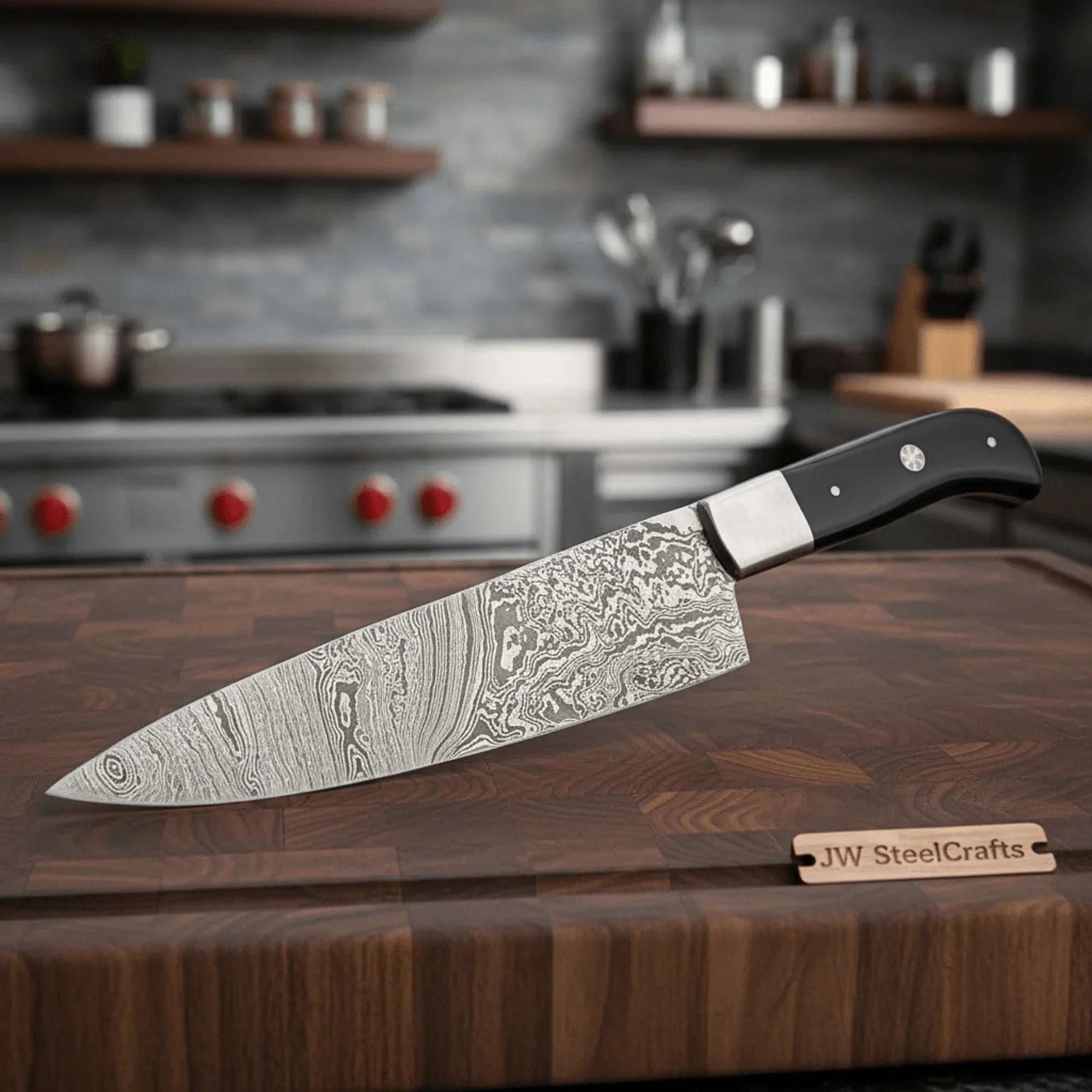 Palmarius Outdoors Handcrafted Damascus Steel Chef Knife, Black Resin Handle, Japanese Kitchen Blade by JW SteelCrafts Damascus Steel Chef Knives