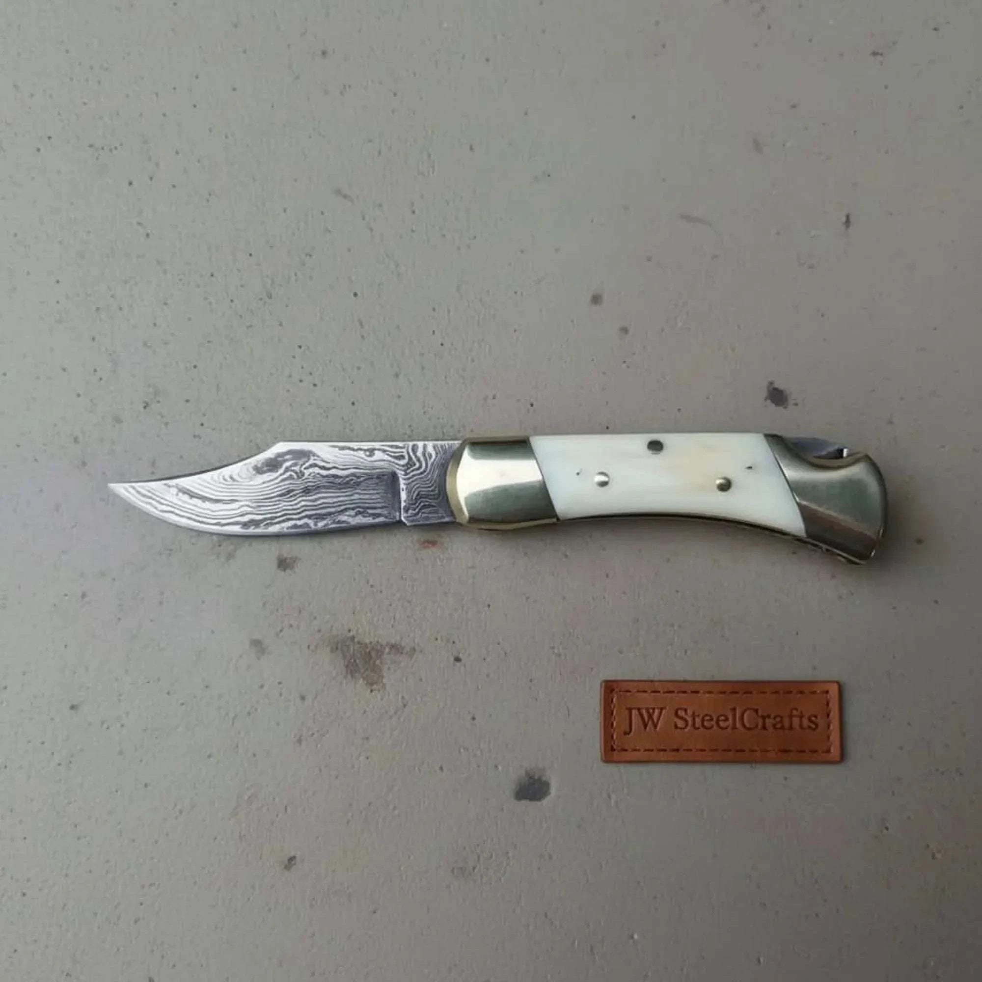 Palmarius Outdoors Handmade Damascus Folding Pocket Knife – Bone Handle with Brass Bolsters Back Lock Folder