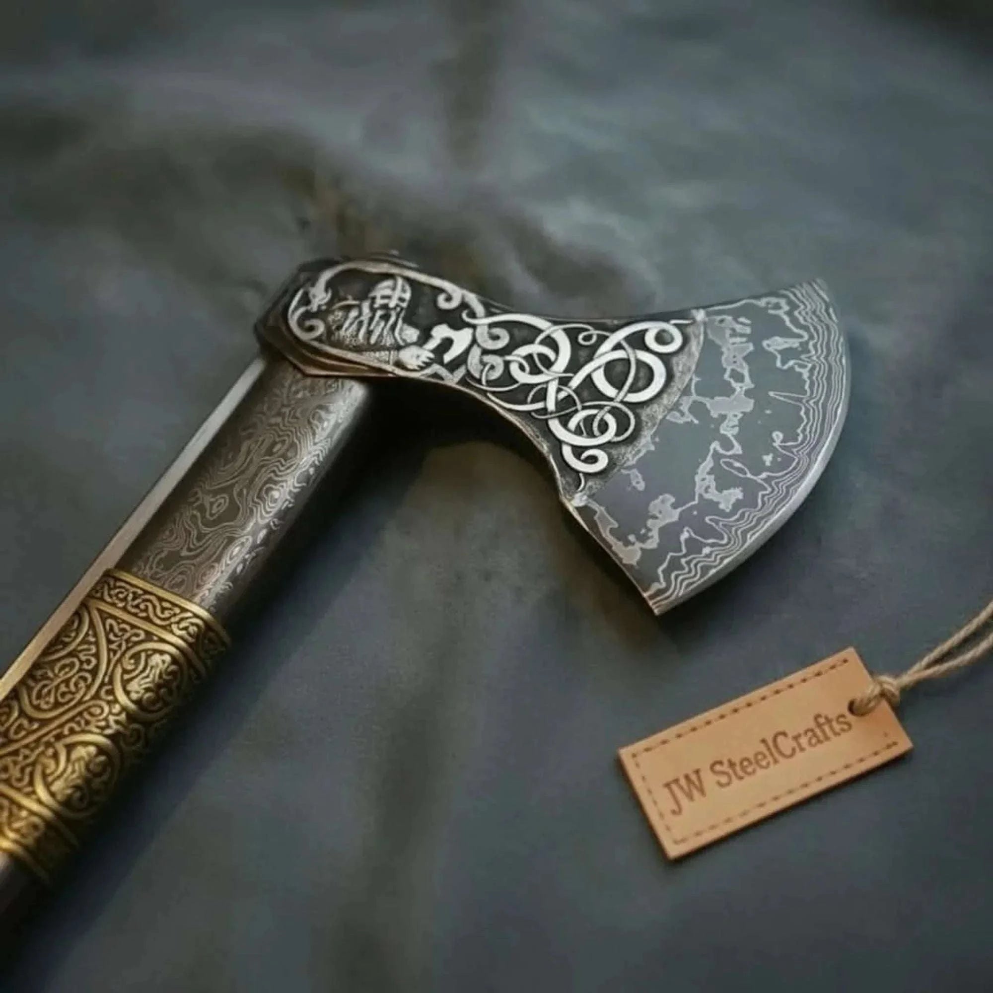 Palmarius Outdoors Wolf's Fang Viking Axe & Knife Set with Carved Hardwood Handle Handmade Axe