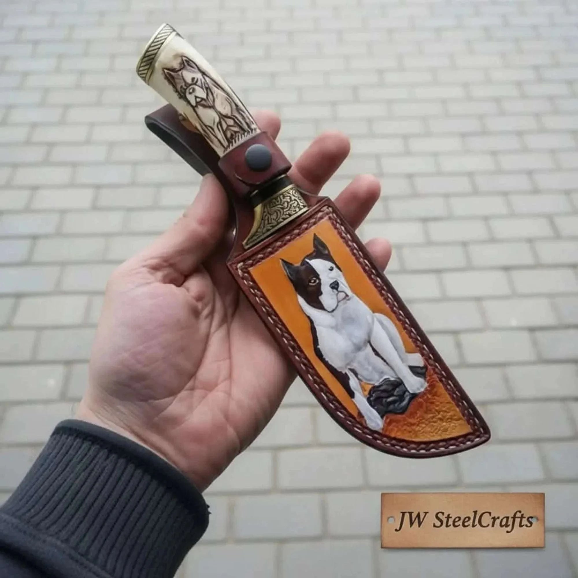 Palmarius Outdoors Damascus Steel Dog Engraved Bone Handle Hunting Skinner Knife – 10 Inch Overall l Skinner Knife