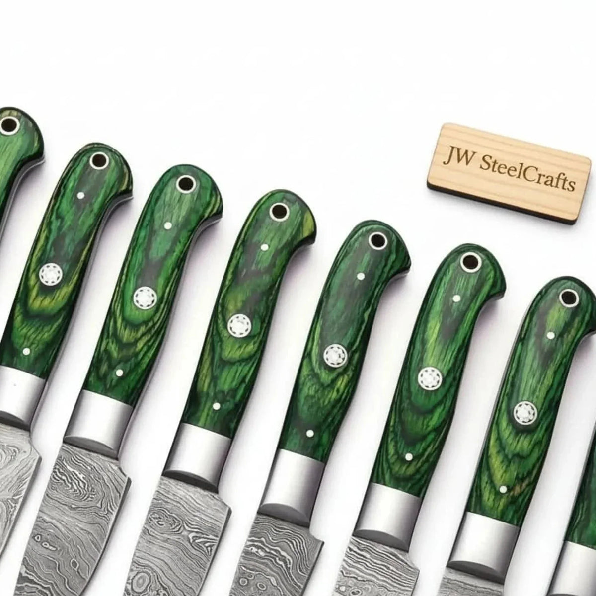 8-Piece Damascus Steak Knife — Twisted Damascus Blades, Green Pakka Wood Handles