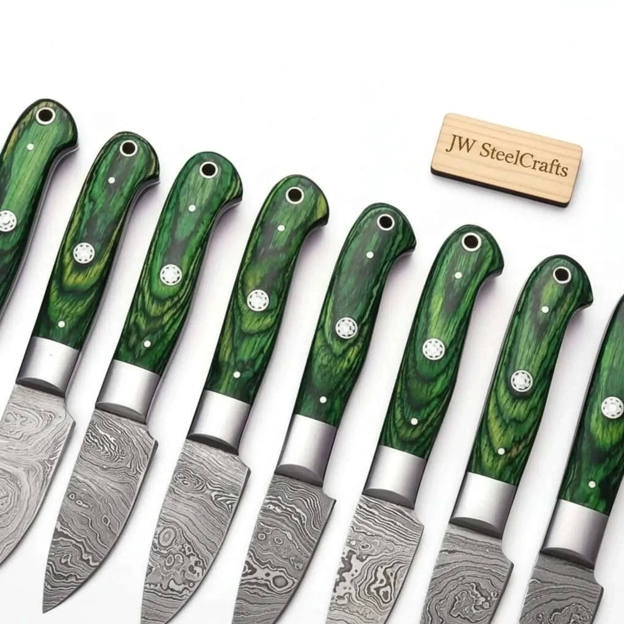 Palmarius Outdoors 8-Piece Damascus Steak Knife — Twisted Damascus Blades, Green Pakka Wood Handles Steak Knives