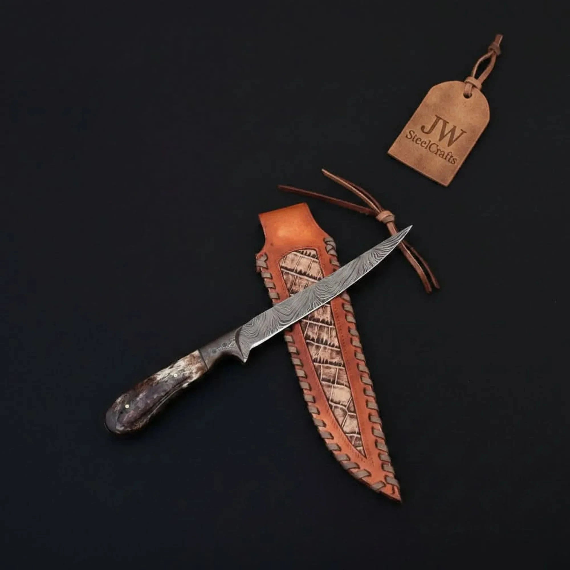 Palmarius Outdoors Custom Handmade Damascus Steel Boning Knife With Colour Bone Handle with Leather Sheath