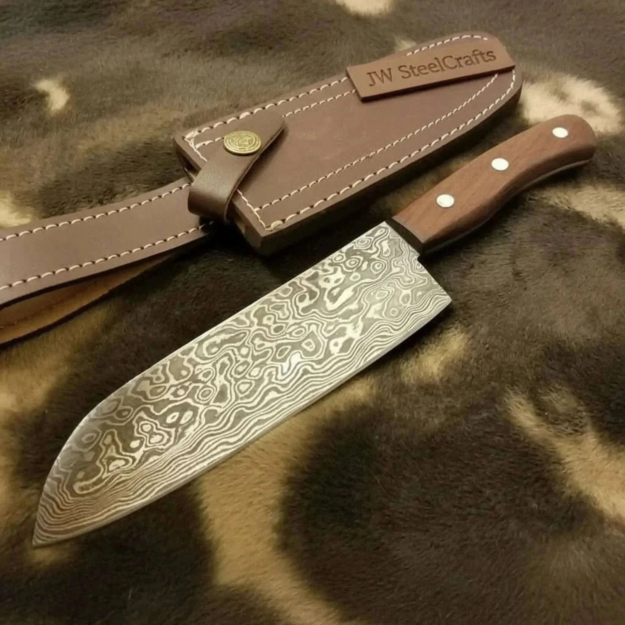 Palmarius Outdoors Pattern-Welded Damascus Drop Point Hunter — Full Tang, Rose wood, Premium Leather Sheath Bushcraft Knife