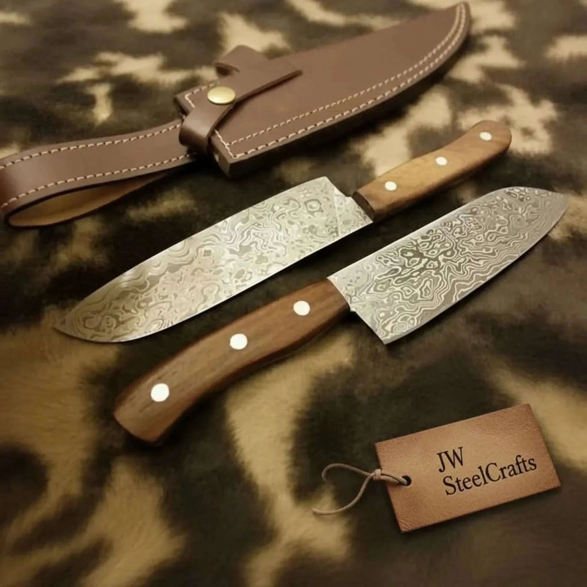 Palmarius Outdoors Raindrop Damascus Hunting Knife Set – Trailing Point Skinner & Drop Point Hunter with Rosewood Handles | Full Tang Fixed Blade Pair Hunting Knife