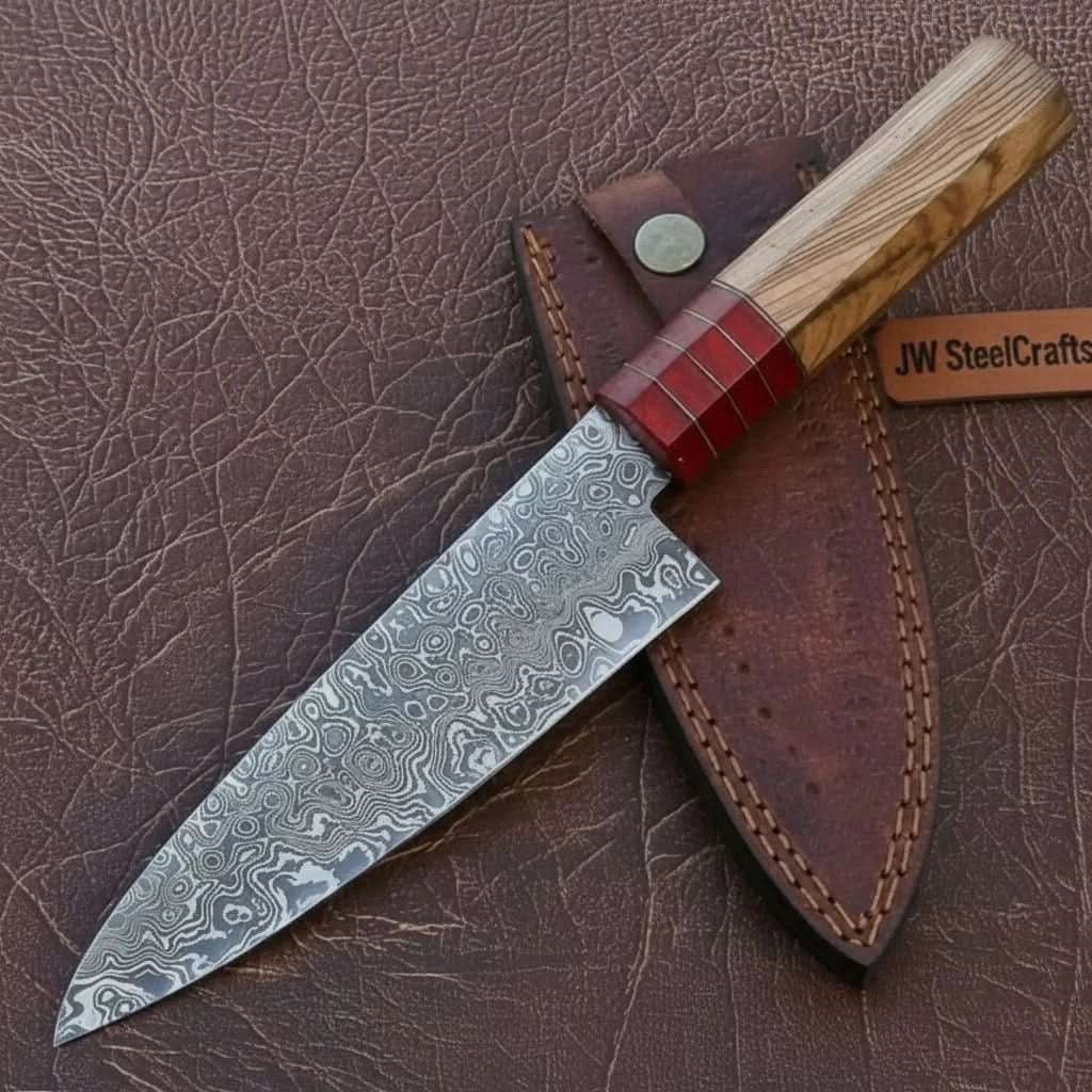 Palmarius Outdoors Pattern-Welded Damascus Gyuto 8–9″ Professional Chef Knife with Hybrid French–Japanese Grind Chef Knives