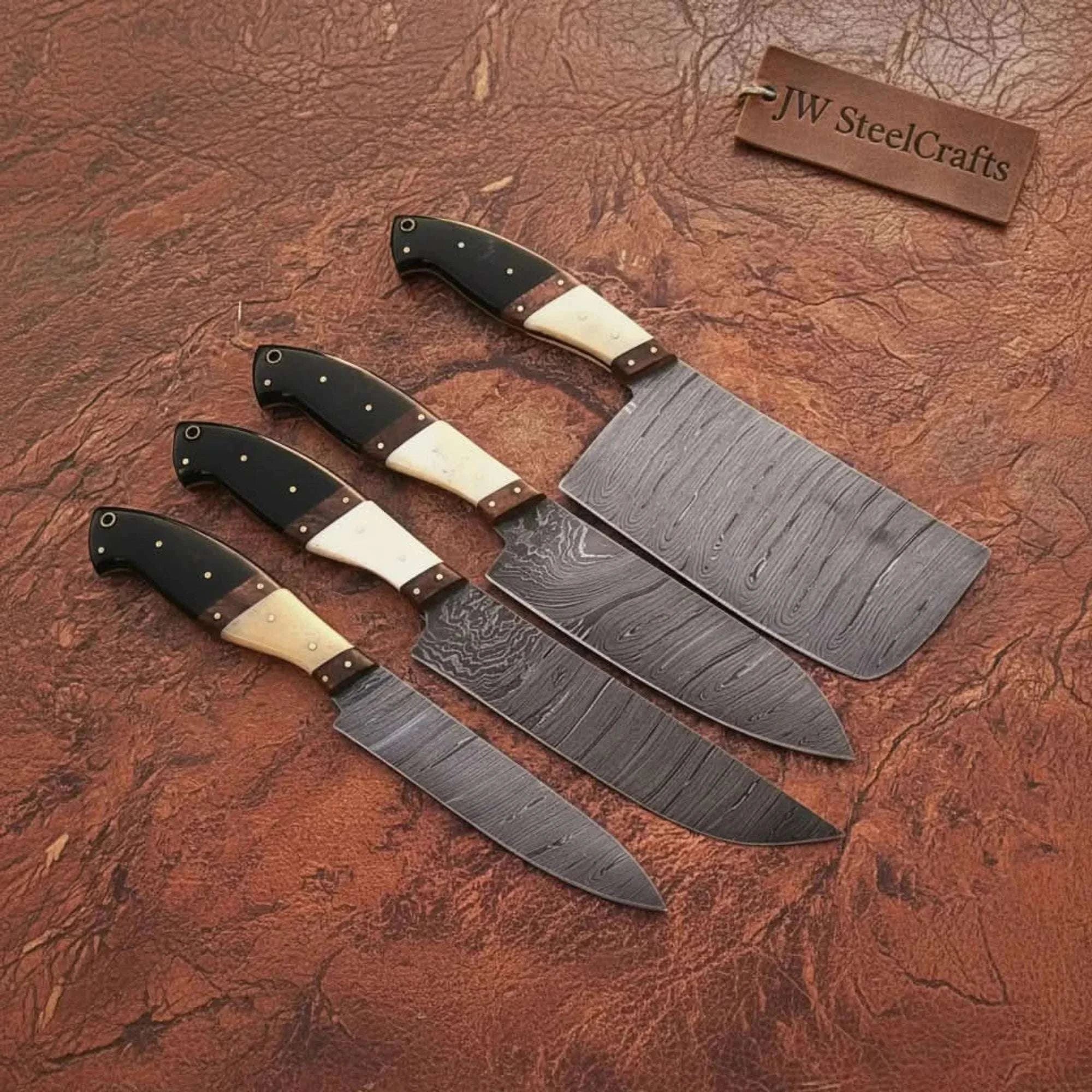 Palmarius Outdoors 4-Piece Hand-Forged Damascus Kitchen Knife Set with Mixed Handles — Bone, Rosewood, and Black Resin Handles Handmade Chef Knife Sets