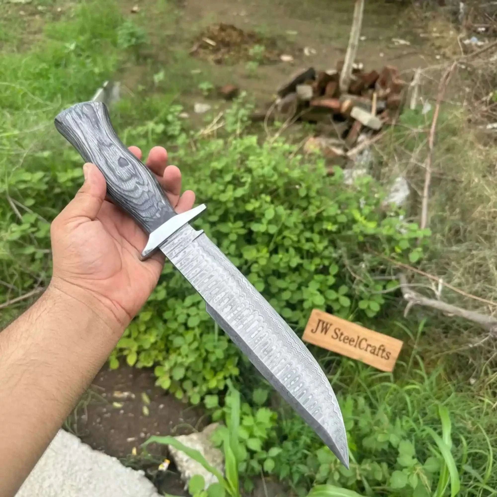 Palmarius Outdoors Handmade Damascus Recurve Clip Point Bowie Knife 10” Fixed Blade Outdoor Survival Knife