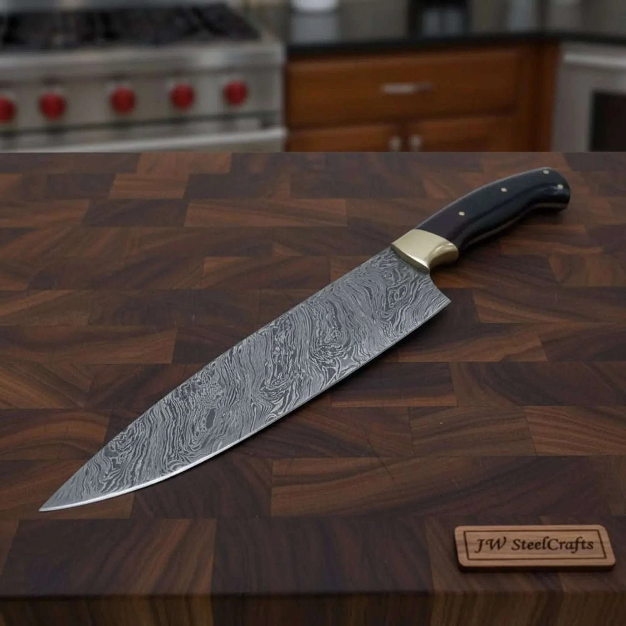 Palmarius Outdoors Handmade Damascus Chef Knife, Full Tang Kitchen Knife with Brass Bolster and Black Handle, Forged Damascus Steel Professional Cooking Knife, Premium Culinary Knife Gift Damascus Steel Chef Knives