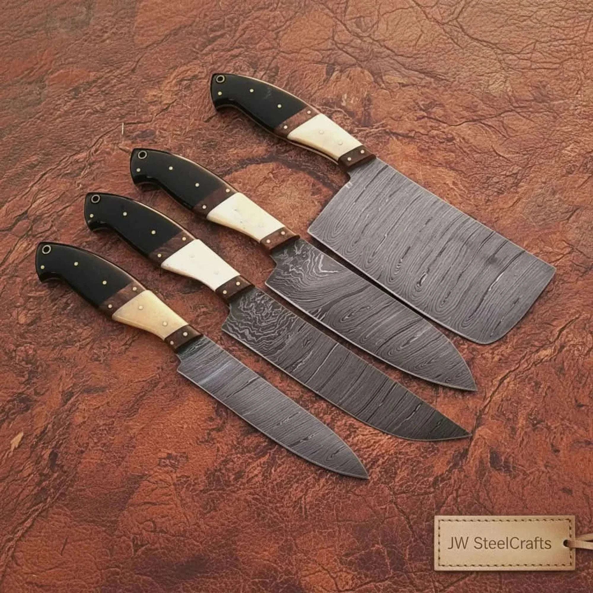 Palmarius Outdoors 4-piece high-carbon Damascus butcher knife set – bone and horn handle with brass pins Handmade Chef Knife Sets