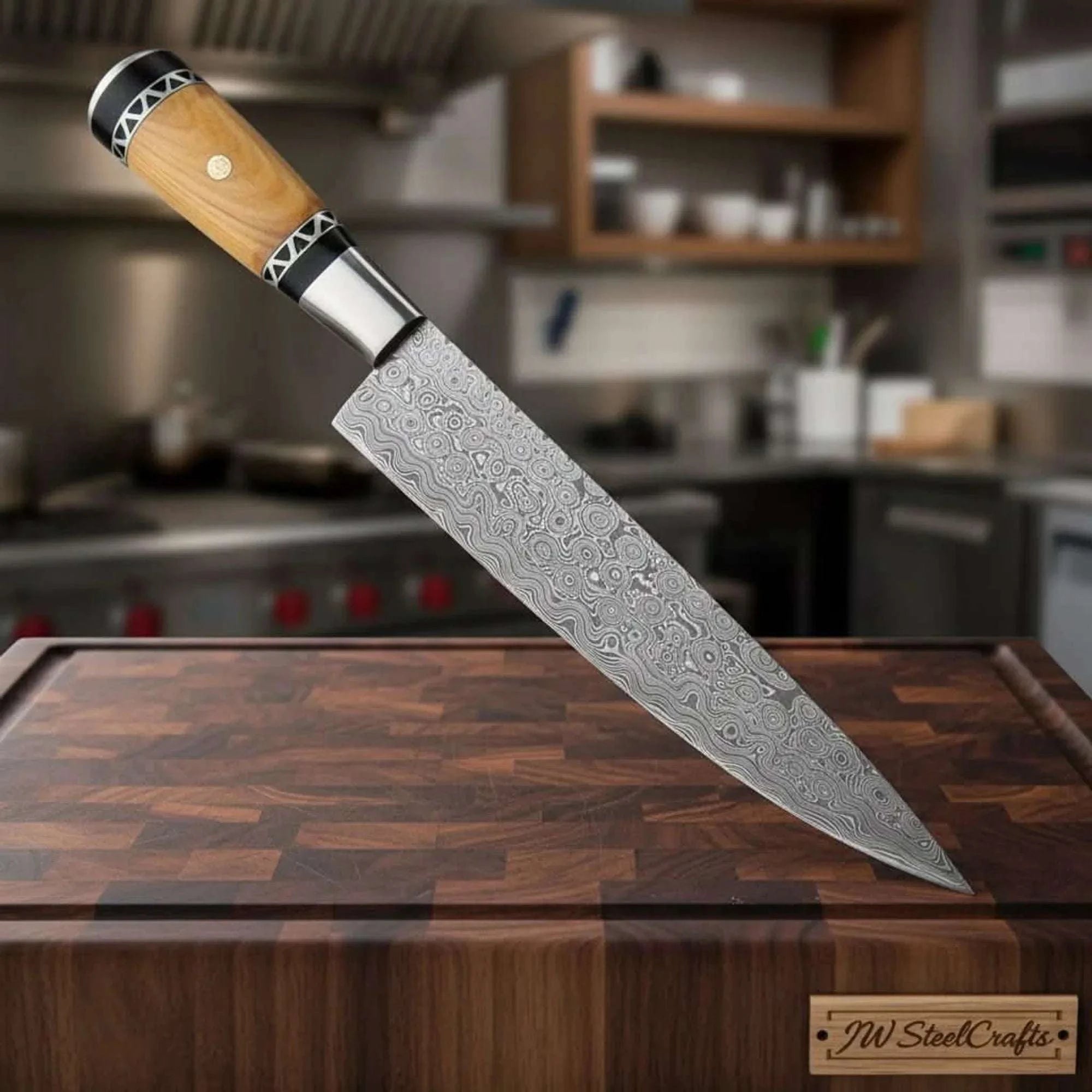 Palmarius Outdoors Hand-Forged Damascus Kiritsuke Chef Knife, Japanese Steel with Olive Wood Handle Damascus Steel Chef Knives
