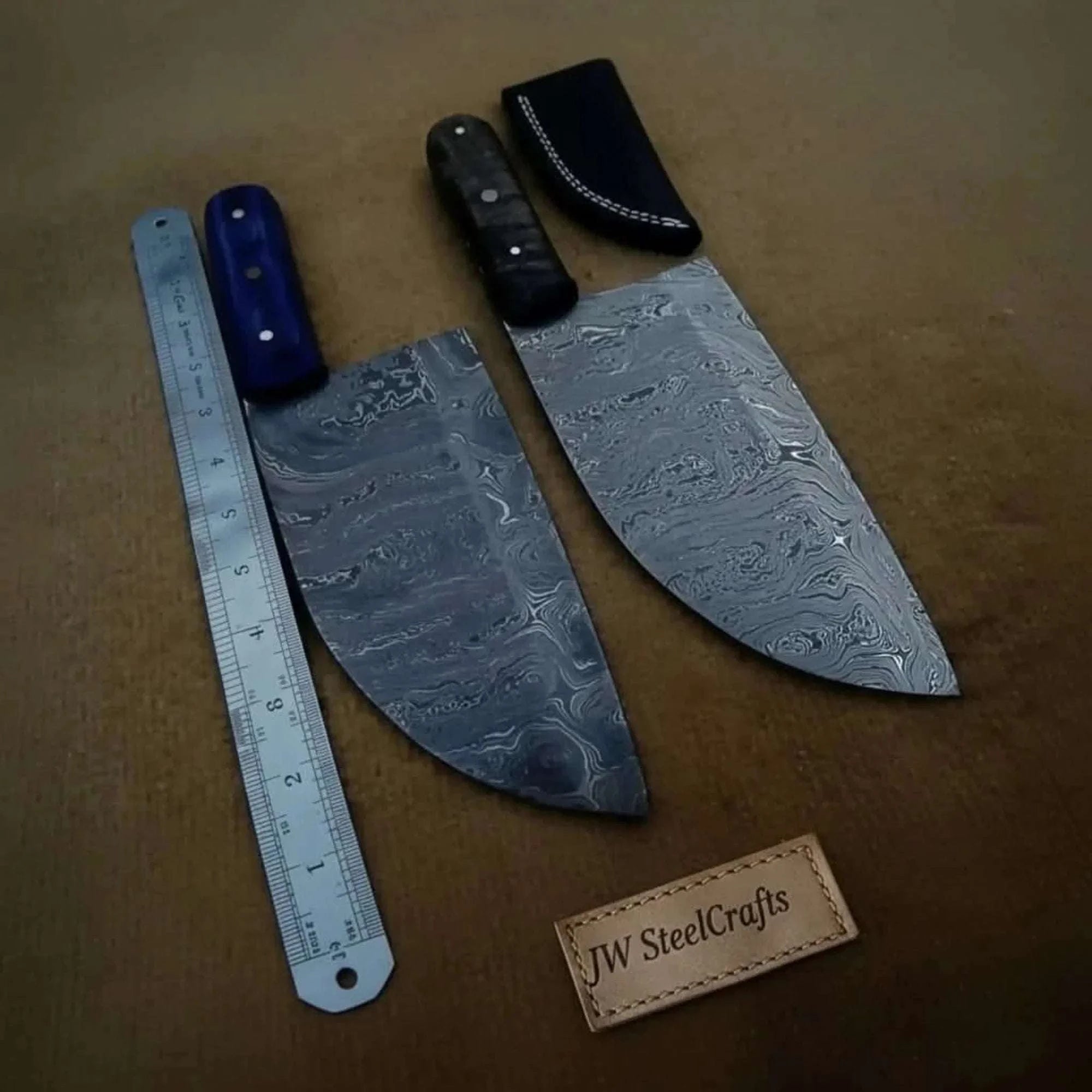 Palmarius Outdoors Hammer Forged Damascus Chinese Cleaver & Curved Butcher Knife Pair – Black & Blue Pakka Wood Handles Cleaver Knives