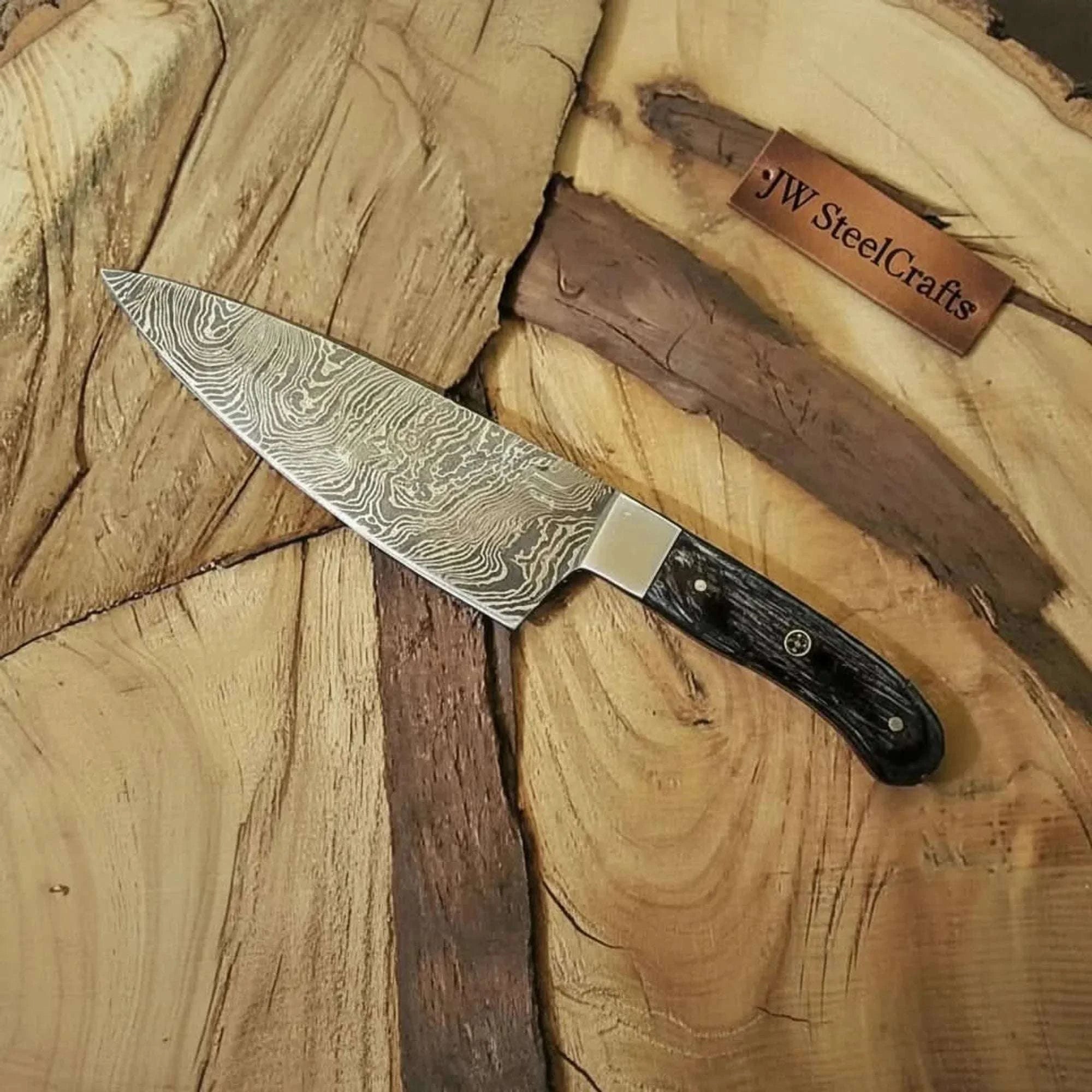 Palmarius Outdoors 7" Gyuto Chef Knife — Twisted Pattern Damascus Steel with Black Pakka Wood Handle | JW SteelCrafts Chef Knives