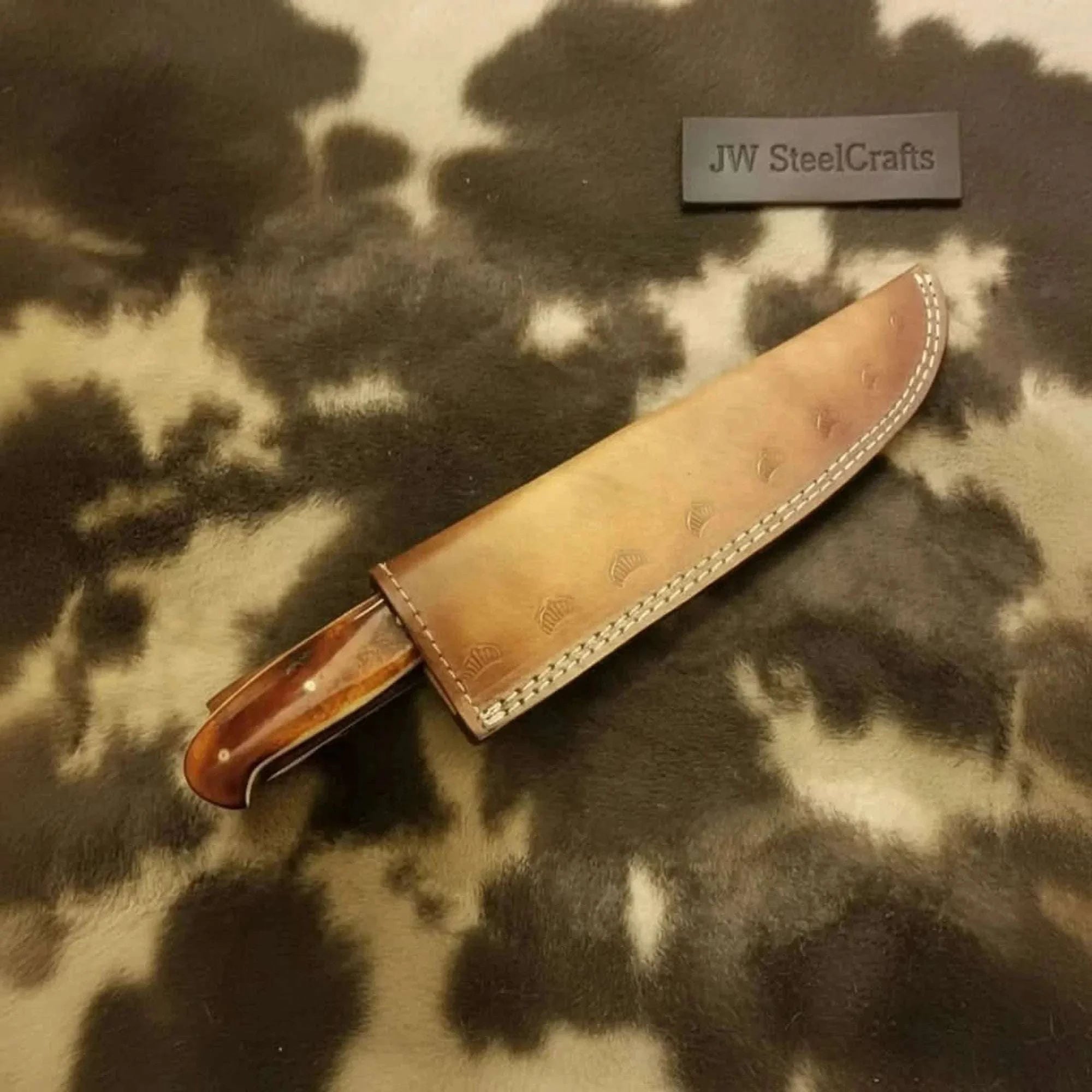 Palmarius Outdoors 14-Inch Handmade Damascus Chef Knife – Brown Handle & Brass Bolster | Layered Damascus Blade | Hand-Stitched Leather Sheath Included Chef Knife