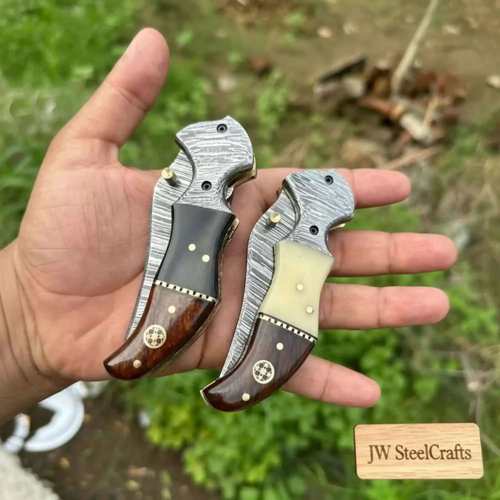 Palmarius Outdoors Damascus Neck Folding Knife Set with Rosewood Black & Cream Handles Folding Knife