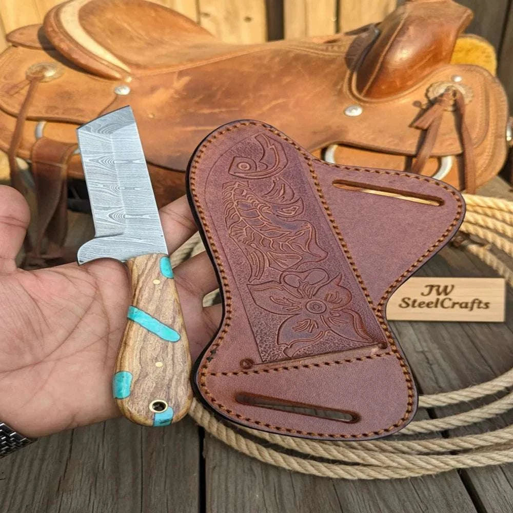 Palmarius Outdoors Rancher's Bull Knife 6" Handmade Damascus Turquoise Accent Handle Bull Cutter Knives Set