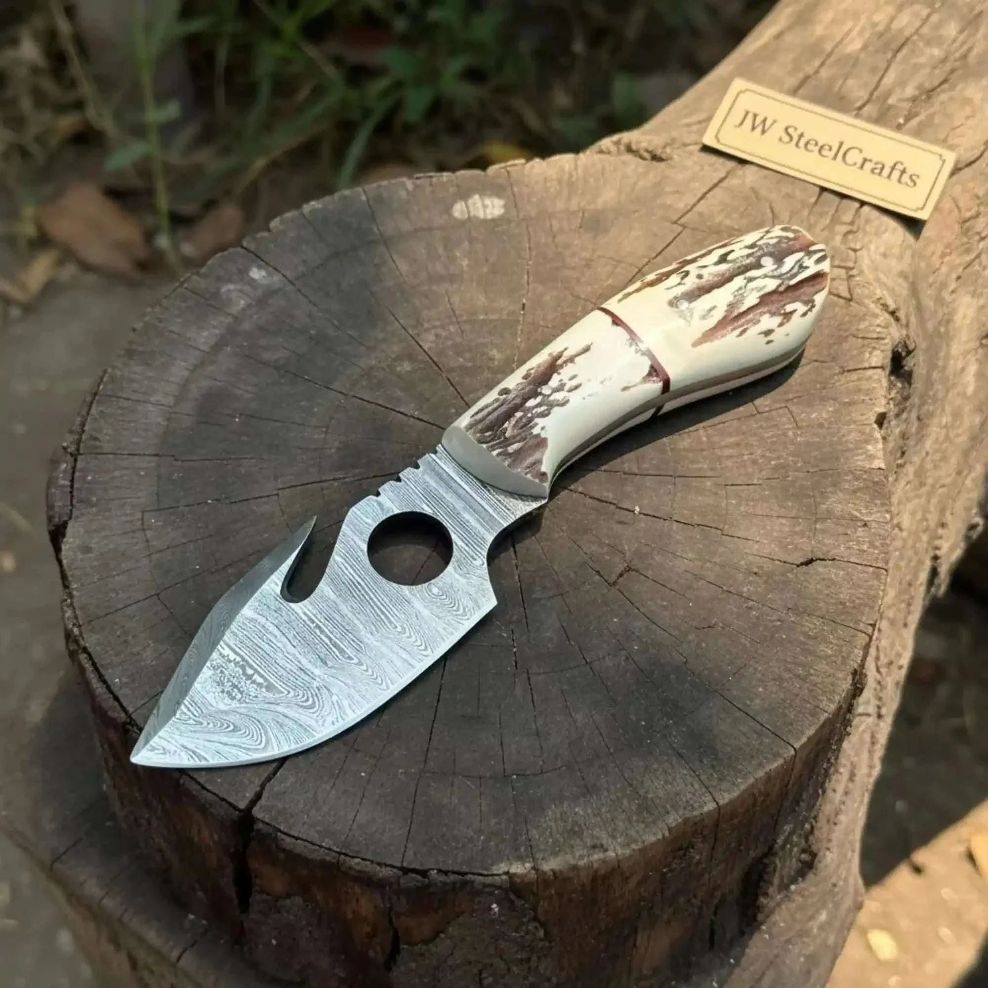 Palmarius Outdoors Handmade Damascus Gut Hook Skinner Hunting Knife Fixed Blade Synthetic Stag Handle with Thumb Hole