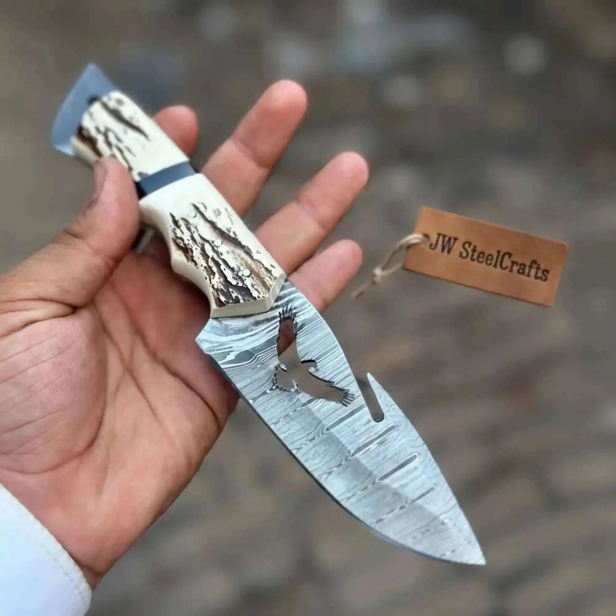 Palmarius Outdoors Handmade Damascus Gut Hook Hunting Knife Fixed Blade Synthetic Stag Handle with Eagle Engraving