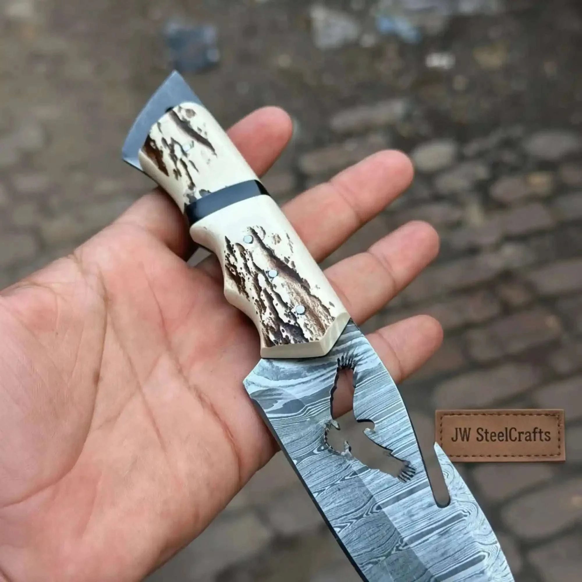 Palmarius Outdoors Handmade Damascus Gut Hook Hunting Knife Fixed Blade Synthetic Stag Handle with Eagle Engraving