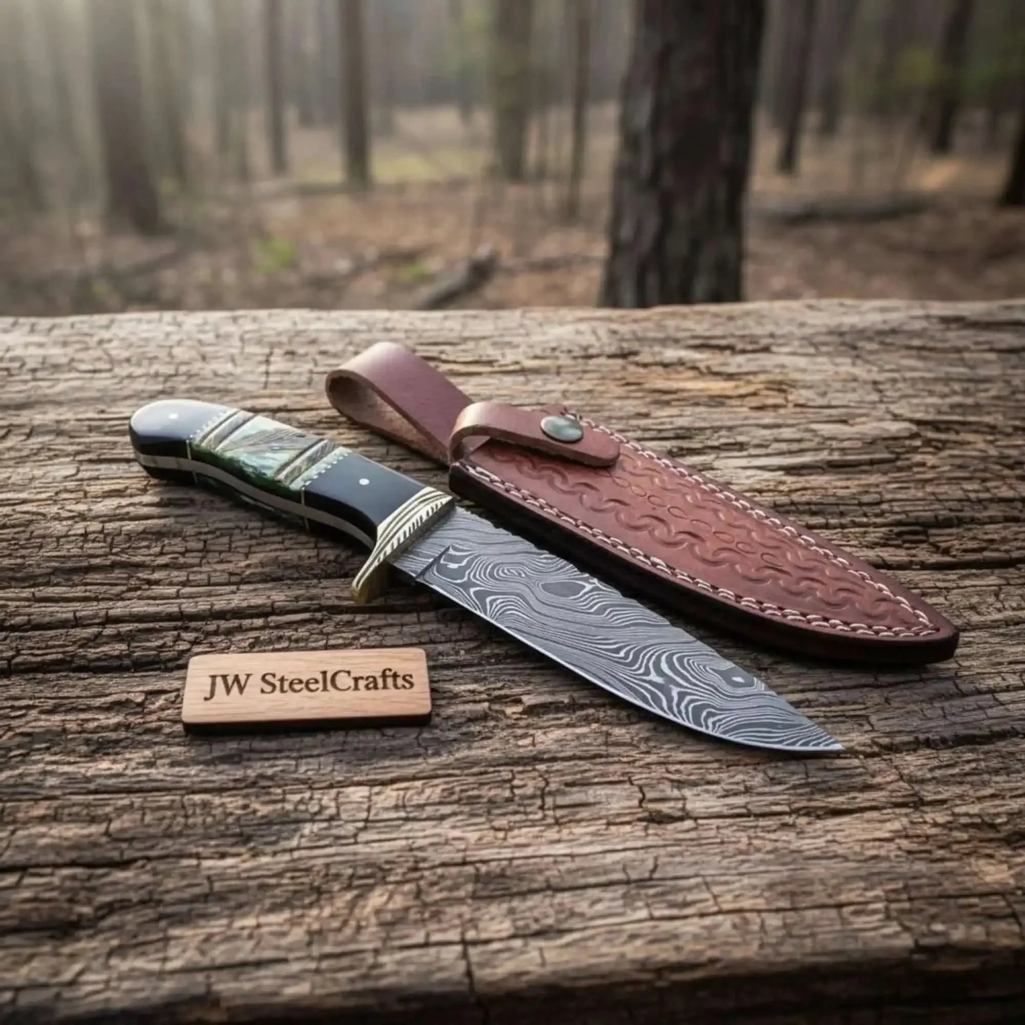 Compact Damascus Clip Point Bowie Knife with Green Bone Handle