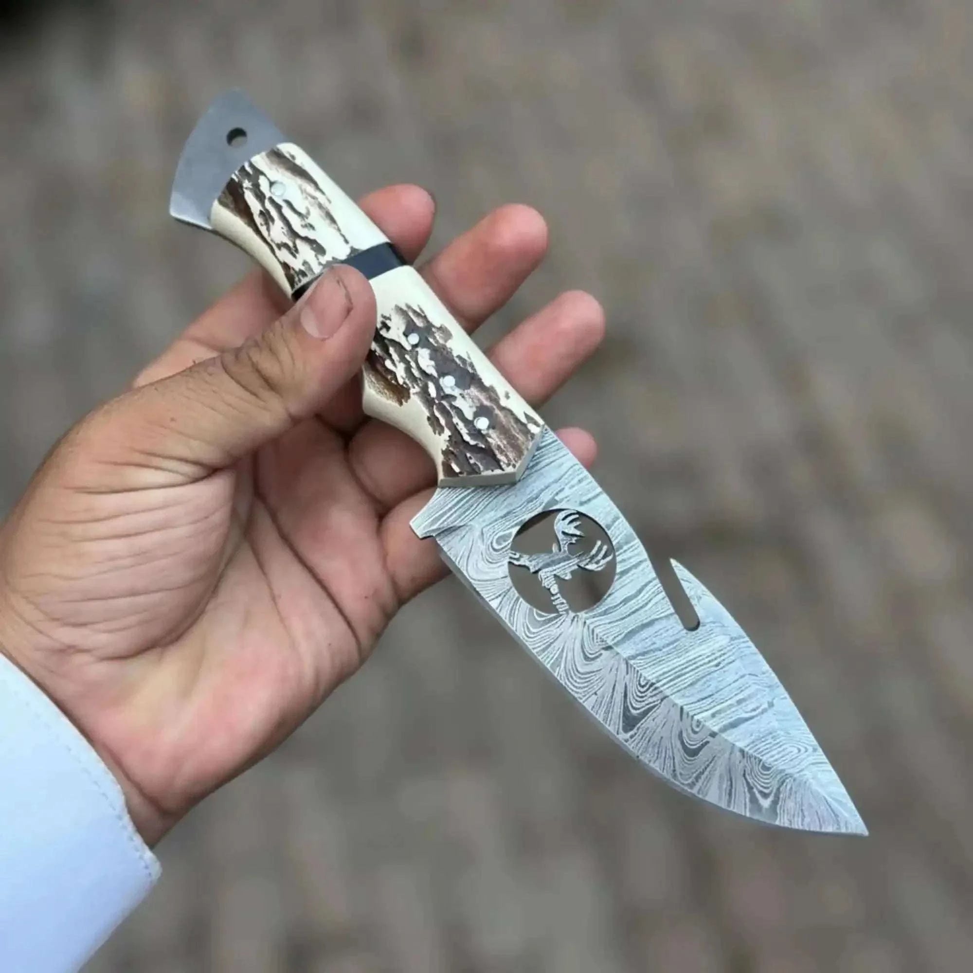 Palmarius Outdoors Damascus Gut Hook Hunting Knife with Deer Cutout Blade and Synthetic Stag Handle hunting knife
