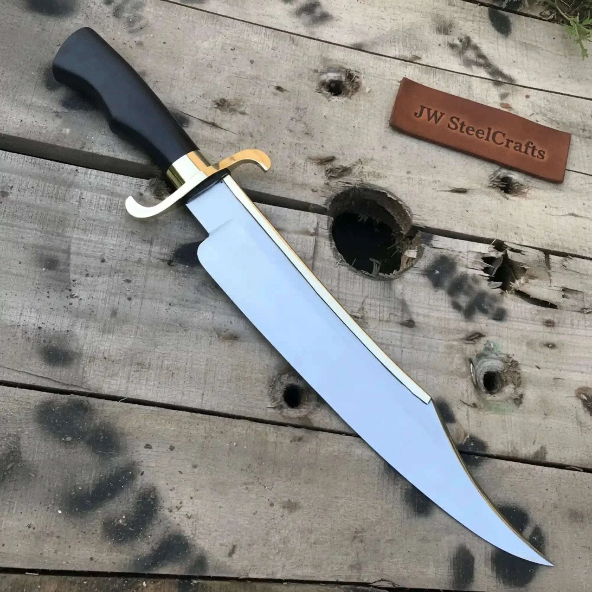 Palmarius Outdoors Carbon Steel 10-Inch Clip Point Bowie Knife — Black Handle, Brass S-Guard & Mirror Polished Blade Bowie Knife
