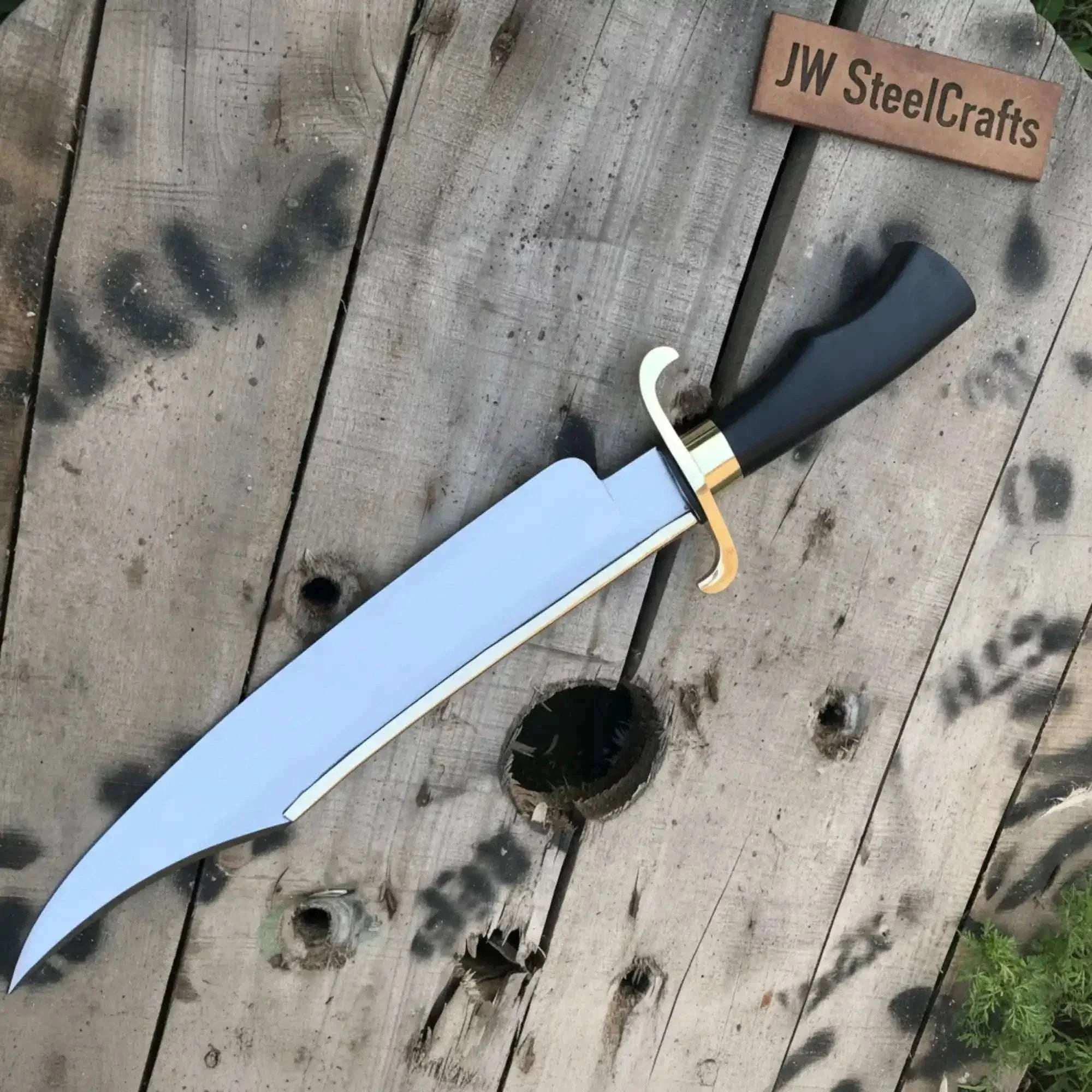 Palmarius Outdoors Carbon Steel 10-Inch Clip Point Bowie Knife — Black Handle, Brass S-Guard & Mirror Polished Blade Bowie Knife