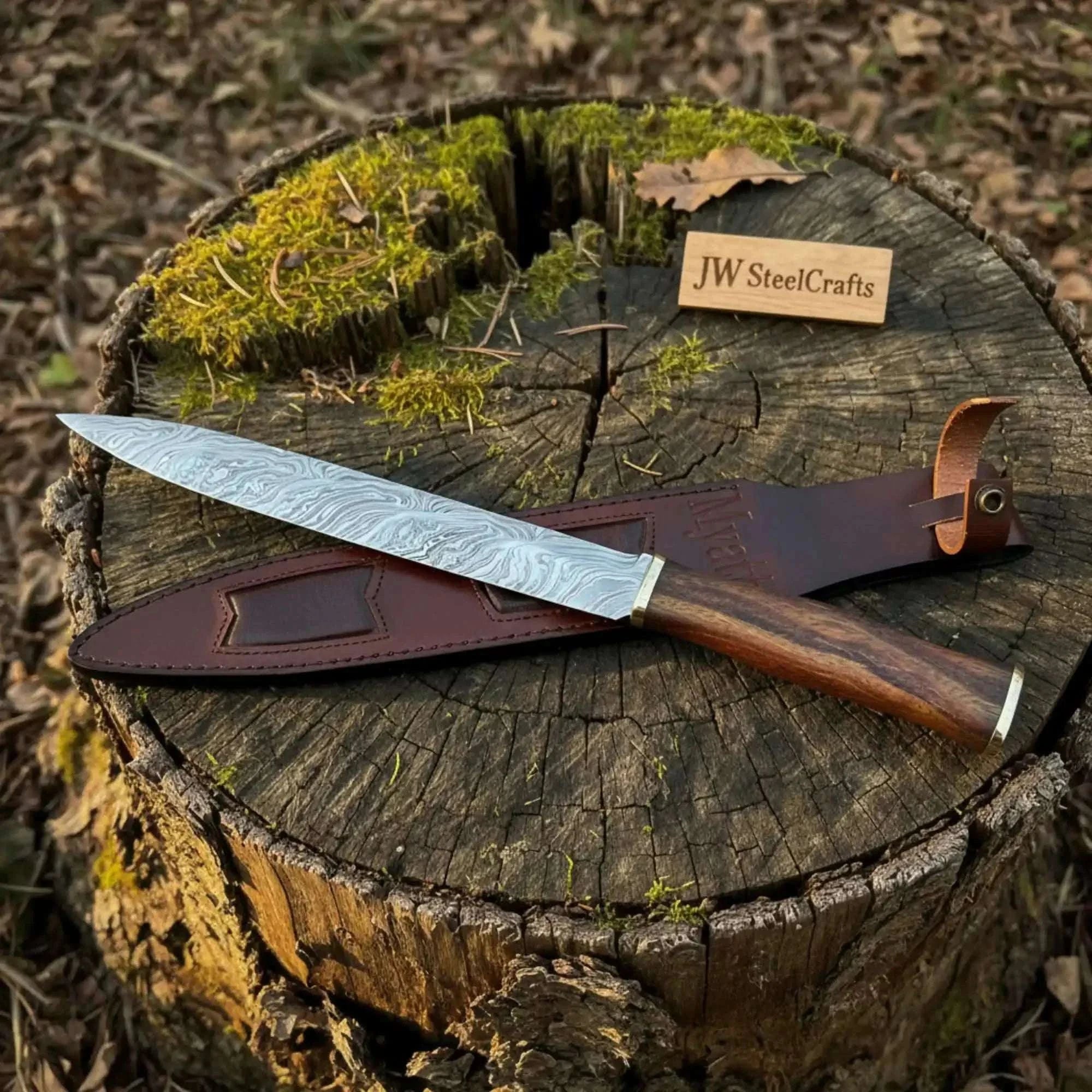Palmarius Outdoors 15-Inch Damascus Seax Knife — 10-Inch Wave Pattern Blade, Rosewood Handle Seax Knife