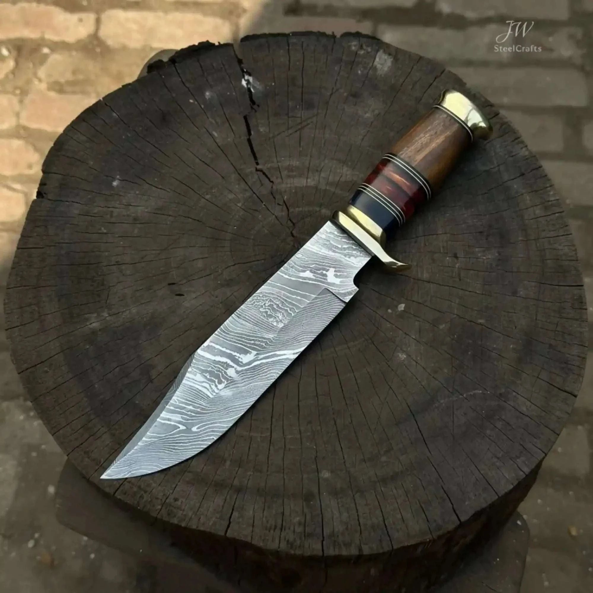 Palmarius Outdoors Handmade Damascus Steel Bowie Knife Stacked Leather Handle with Brass Fittings