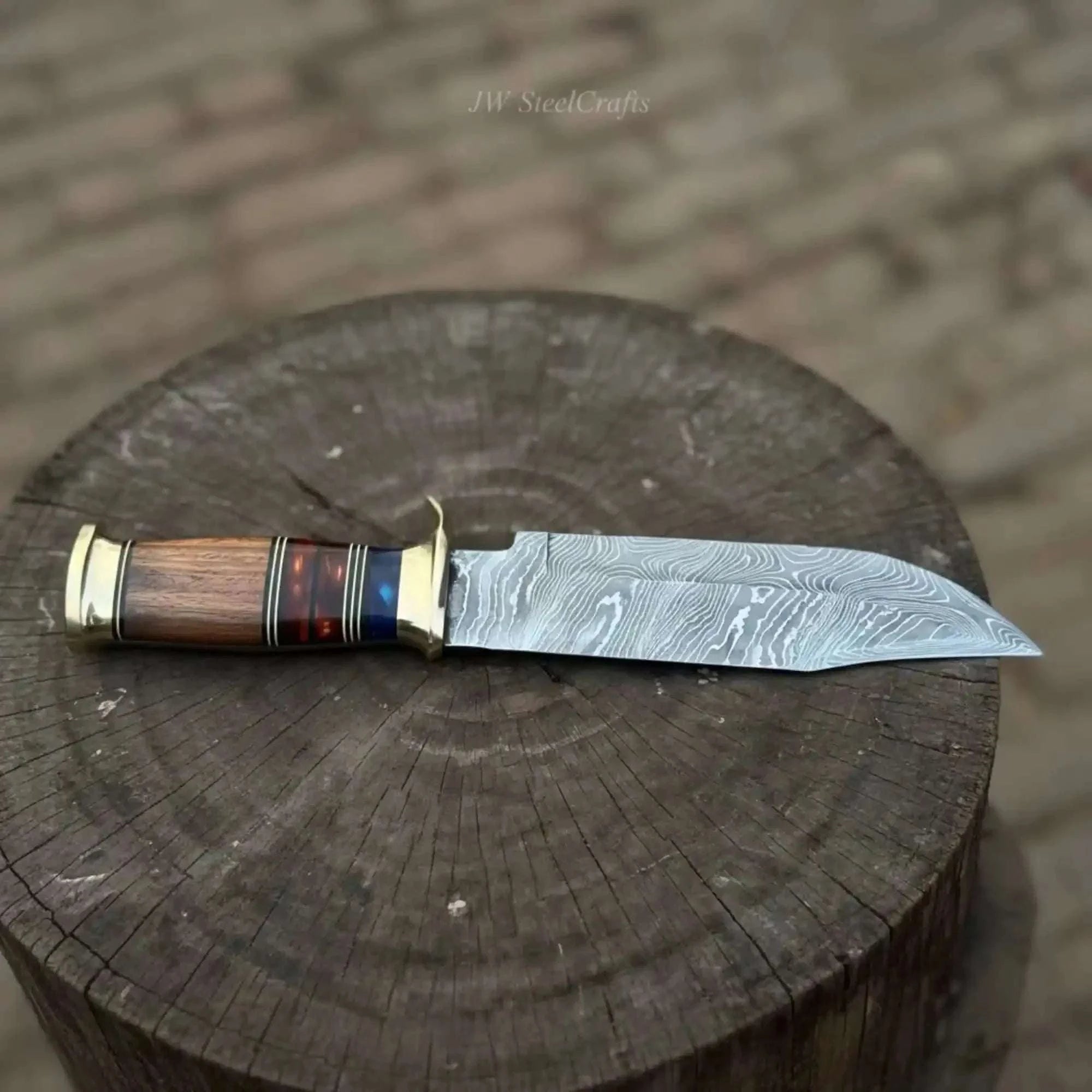Palmarius Outdoors Handmade Damascus Steel Bowie Knife Stacked Leather Handle with Brass Fittings