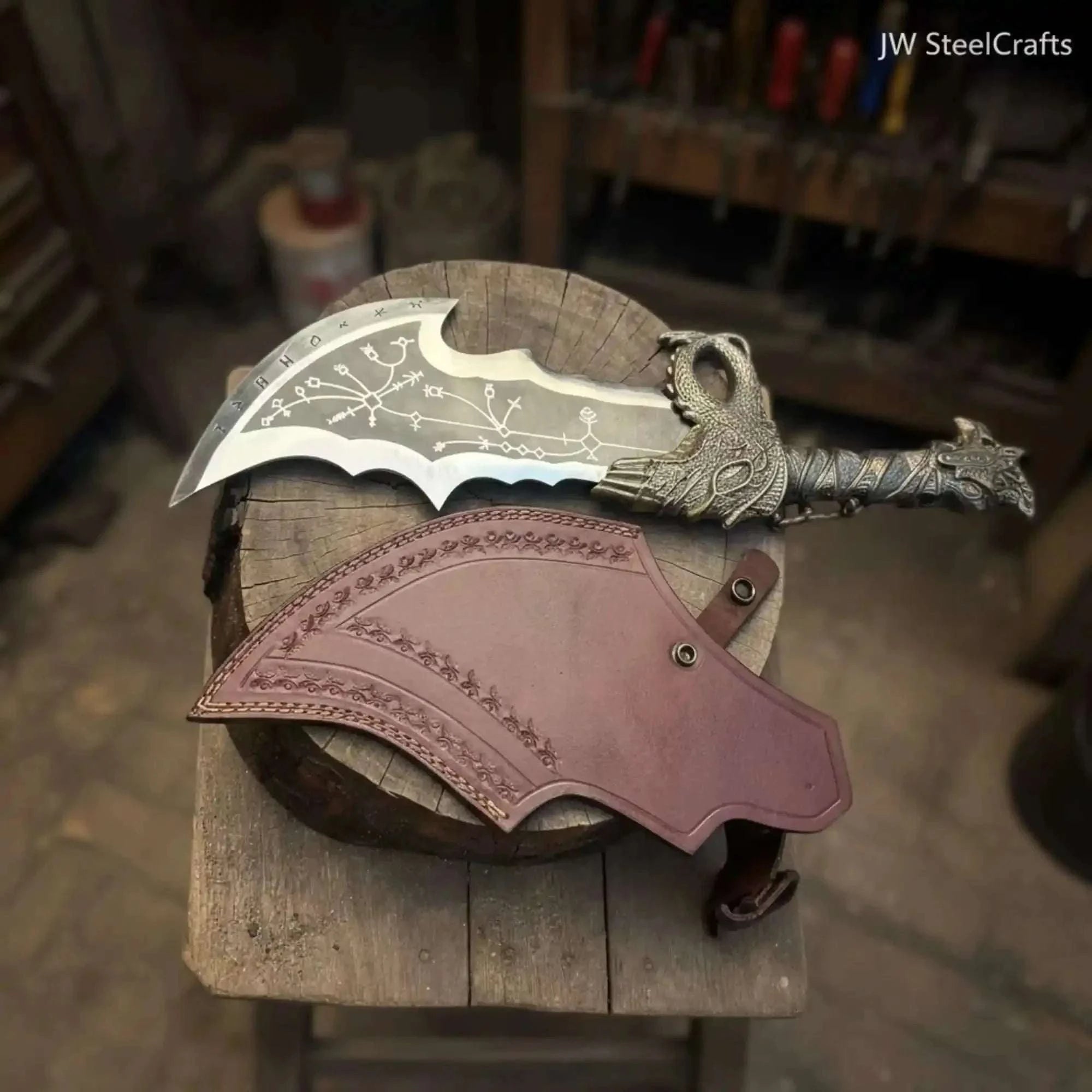 Palmarius Outdoors Blades of Chaos Replica Inspired Crescent Blade With Leather Sheath