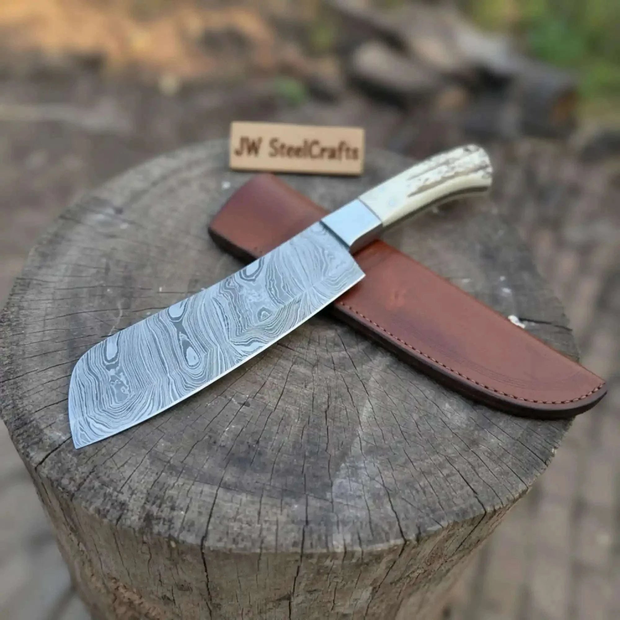 Palmarius Outdoors Handmade Damascus Cimeter Butcher Knife with Synthetic Stag Handle