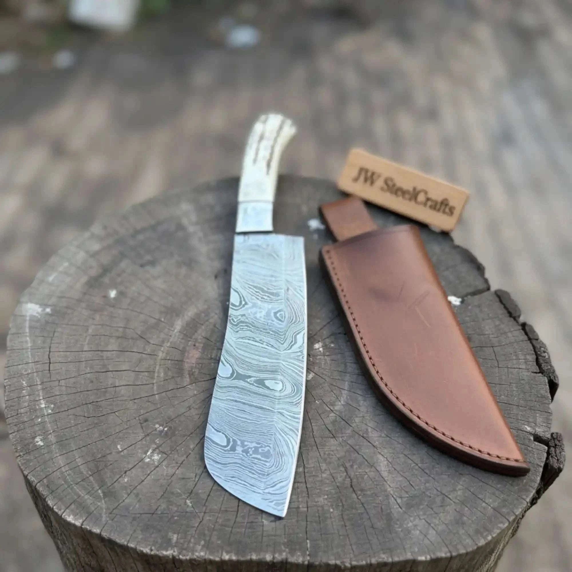 Palmarius Outdoors Handmade Damascus Cimeter Butcher Knife with Synthetic Stag Handle